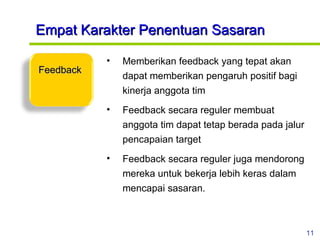 Empat Karakter Penentuan Sasaran Feedback Memberikan feedback yang tepat akan dapat memberikan pengaruh positif bagi kinerja anggota tim  Feedback secara reguler membuat anggota tim dapat tetap berada pada jalur pencapaian target  Feedback secara reguler juga mendorong mereka untuk bekerja lebih keras dalam mencapai sasaran.  