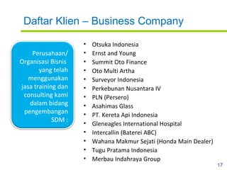 Daftar Klien – Business Company Otsuka Indonesia Ernst and Young Summit Oto Finance Oto Multi Artha Surveyor Indonesia Perkebunan Nusantara IV PLN (Persero) Asahimas Glass PT. Kereta Api Indonesia Gleneagles International Hospital Intercallin (Baterei ABC) Wahana Makmur Sejati (Honda Main Dealer) Tugu Pratama Indonesia Merbau Indahraya Group Perusahaan/ Organisasi Bisnis  yang telah menggunakan jasa training dan consulting kami dalam bidang pengembangan SDM : 
