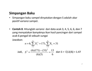 Simpangan Baku
• Simpangan baku sampel dinyatakan dengan S adalah akar
positif variansi sampel.
• Contoh 8. Hitunglah variansi dari data acak 3, 4, 5, 6, 6, dan 7
yang menyatakan banyaknya ikan hasil pancingan dari sampel
acak 6 pengail di sebuah sungai
acak 6 pengail di sebuah sungai
Jawaban:
Jadi, dan S = √(13/6) = 1.47
17
31
X
,
171
,
6
6
1
i
6
2
=
=
= ∑
∑ =
= i
i
i
i
X
n
6
13
)
5
)(
6
(
)
31
(
)
171
)(
6
( 2
2
=
−
=
S
 