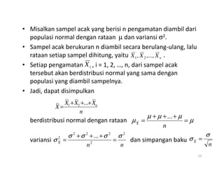 • Misalkan sampel acak yang berisi n pengamatan diambil dari
populasi normal dengan rataan µ dan variansi σ2.
• Sampel acak berukuran n diambil secara berulang-ulang, lalu
rataan setiap sampel dihitung, yaitu .
• Setiap pengamatan , i = 1, 2, …, n, dari sampel acak
tersebut akan berdistribusi normal yang sama dengan
populasi yang diambil sampelnya.
n
X
X
X ,...,
, 2
1
i
X
• Jadi, dapat disimpulkan
berdistribusi normal dengan rataan
variansi dan simpangan baku
23
n
X
X
X
X n
+
+
+
=
...
2
1
µ
µ
µ
µ
µ =
+
+
+
=
n
X
...
n
n
X
2
2
2
2
2
2 ... σ
σ
σ
σ
σ =
+
+
+
=
n
X
σ
σ =
 