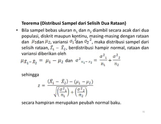 Teorema (Distribusi Sampel dari Selisih Dua Rataan)
• Bila sampel bebas ukuran n1 dan n2 diambil secara acak dari dua
populasi, diskrit maupun kontinu, masing-masing dengan rataan
dan dan , variansi dan , maka distribusi sampel dari
selisih rataan, , berdistribusi hampir normal, rataan dan
variansi diberikan oleh
dan
dan
sehingga
secara hampiran merupakan peubah normal baku.
31
 