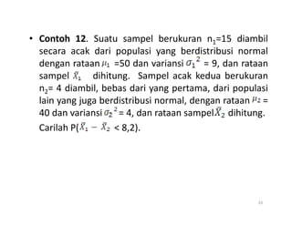 • Contoh 12. Suatu sampel berukuran n1=15 diambil
secara acak dari populasi yang berdistribusi normal
dengan rataan =50 dan variansi = 9, dan rataan
sampel dihitung. Sampel acak kedua berukuran
n2= 4 diambil, bebas dari yang pertama, dari populasi
lain yang juga berdistribusi normal, dengan rataan =
40 dan variansi = 4, dan rataan sampel dihitung.
40 dan variansi = 4, dan rataan sampel dihitung.
Carilah P( < 8,2).
33
 