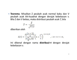 Teorema. Misalkan Z peubah acak normal baku dan V
peubah acak khi-kuadrat dengan derajat kebebasan v.
Bila Z dan V bebas, maka distribusi peubah acak T, bila
diberikan oleh
diberikan oleh
Ini dikenal dengan nama distribusi–t dengan derajat
kebebasan v.
49
 