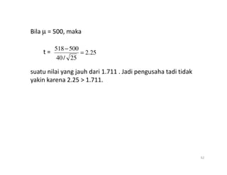 Bila µ = 500, maka
t =
suatu nilai yang jauh dari 1.711 . Jadi pengusaha tadi tidak
yakin karena 2.25  1.711.
25
.
2
25
/
40
500
518
=
−
62
 