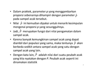 • Dalam praktek, parameter p yang menggambarkan
proporsi sebenarnya dihampiri dengan parameter
pada sampel acak tersebut.
• Nilai ini kemudian dipakai untuk menarik kesimpulan
mengenai proporsi p yang sesungguhnya.
• Jadi, merupakan fungsi dari nilai pengamatan dalam
sampel acak.
p̂
p̂
p̂
sampel acak.
• Karena banyak kemungkinan sampel acak yang dapat
diambil dari populasi yang sama, maka tentunya akan
berbeda sedikit antara sampel acak yang satu dengan
sampel acak yang lain.
• Dengan kata lain, adalah nilai dari suatu peubah acak
yang kita nyatakan dengan P. Peubah acak seperti ini
dinamakan statistik
p̂
p̂
8
 