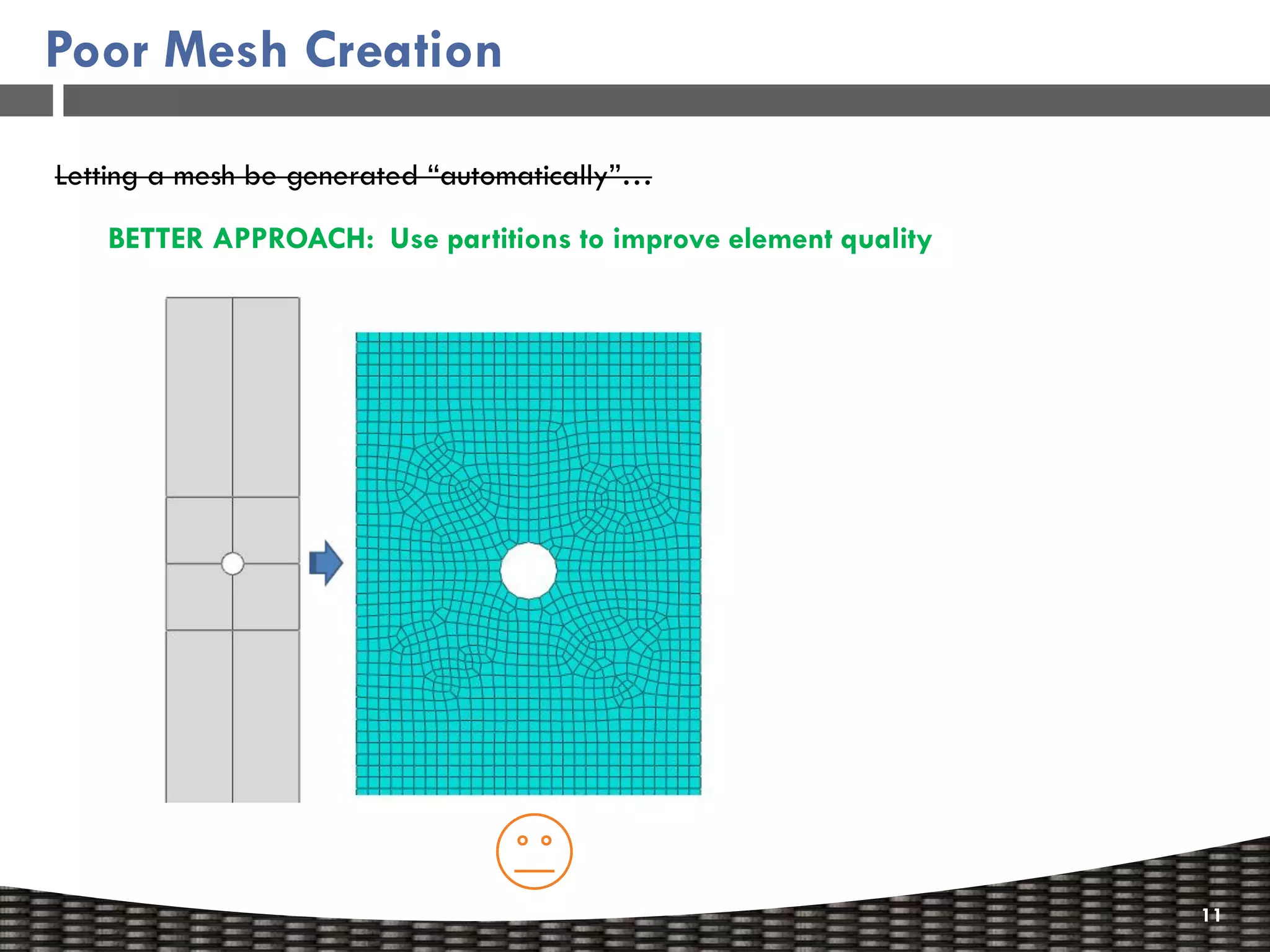 Poor Mesh Creation

Letting a mesh be generated “automatically”…

   BETTER APPROACH: Use partitions to improve element quality




                                                                11
 