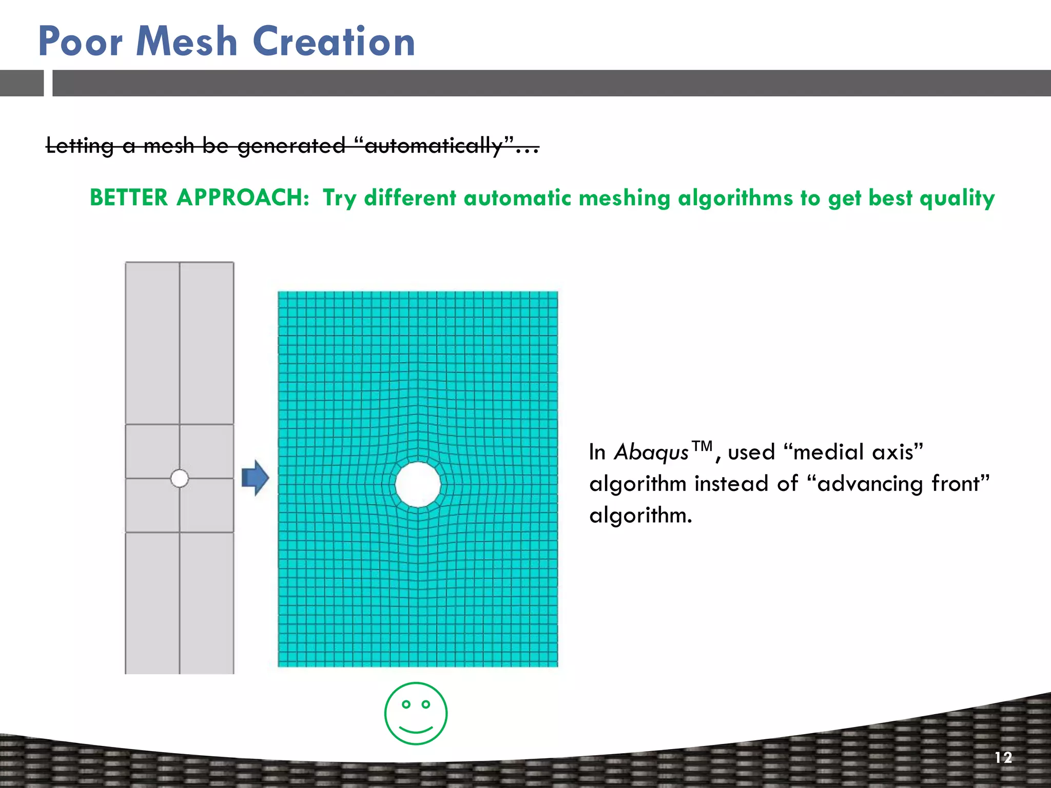 Poor Mesh Creation

Letting a mesh be generated “automatically”…

   BETTER APPROACH: Try different automatic meshing algorithms to get best quality




                                               In Abaqus™, used “medial axis”
                                               algorithm instead of “advancing front”
                                               algorithm.




                                                                                        12
 
