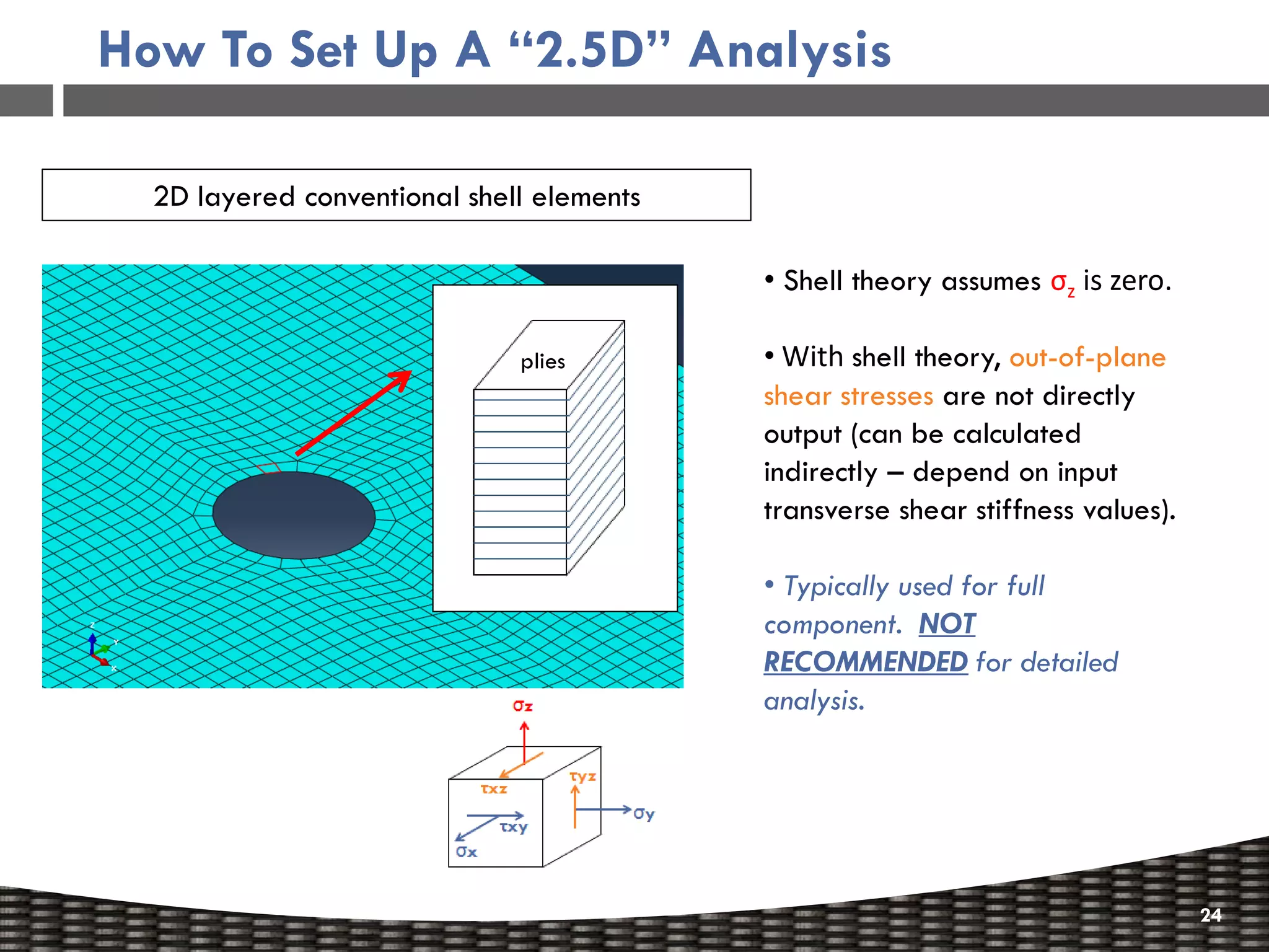 How To Set Up A “2.5D” Analysis

  2D layered conventional shell elements

                                           • Shell theory assumes σz is zero.

                              plies        • With shell theory, out-of-plane
                                           shear stresses are not directly
                                           output (can be calculated
                                           indirectly – depend on input
                                           transverse shear stiffness values).

                                           • Typically used for full
                                           component. NOT
                                           RECOMMENDED for detailed
                                           analysis.




                                                                                 24
 