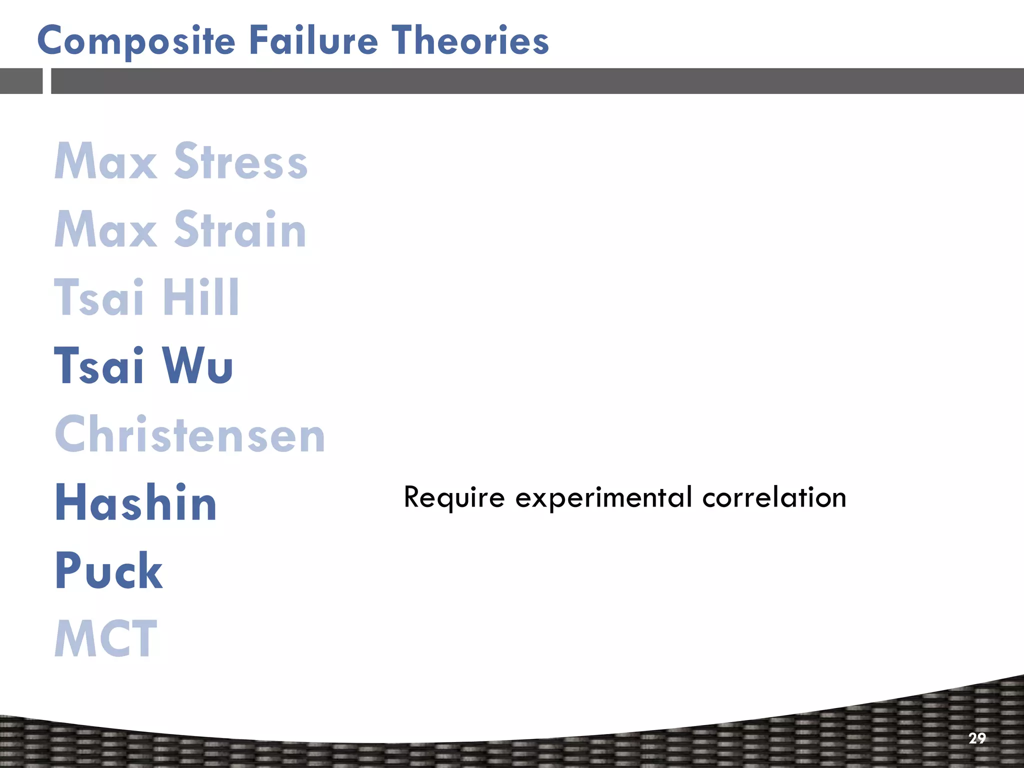 Composite Failure Theories

Max Stress
Max Strain
Tsai Hill
Tsai Wu
Christensen
Hashin            Require experimental correlation

Puck
MCT
                                                     29
 