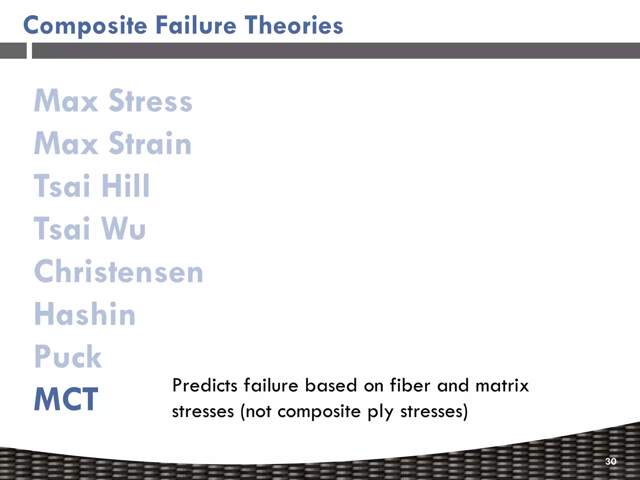 Composite Failure Theories

Max Stress
Max Strain
Tsai Hill
Tsai Wu
Christensen
Hashin
Puck
          Predicts failure based on fiber and matrix
MCT       stresses (not composite ply stresses)

                                                       30
 
