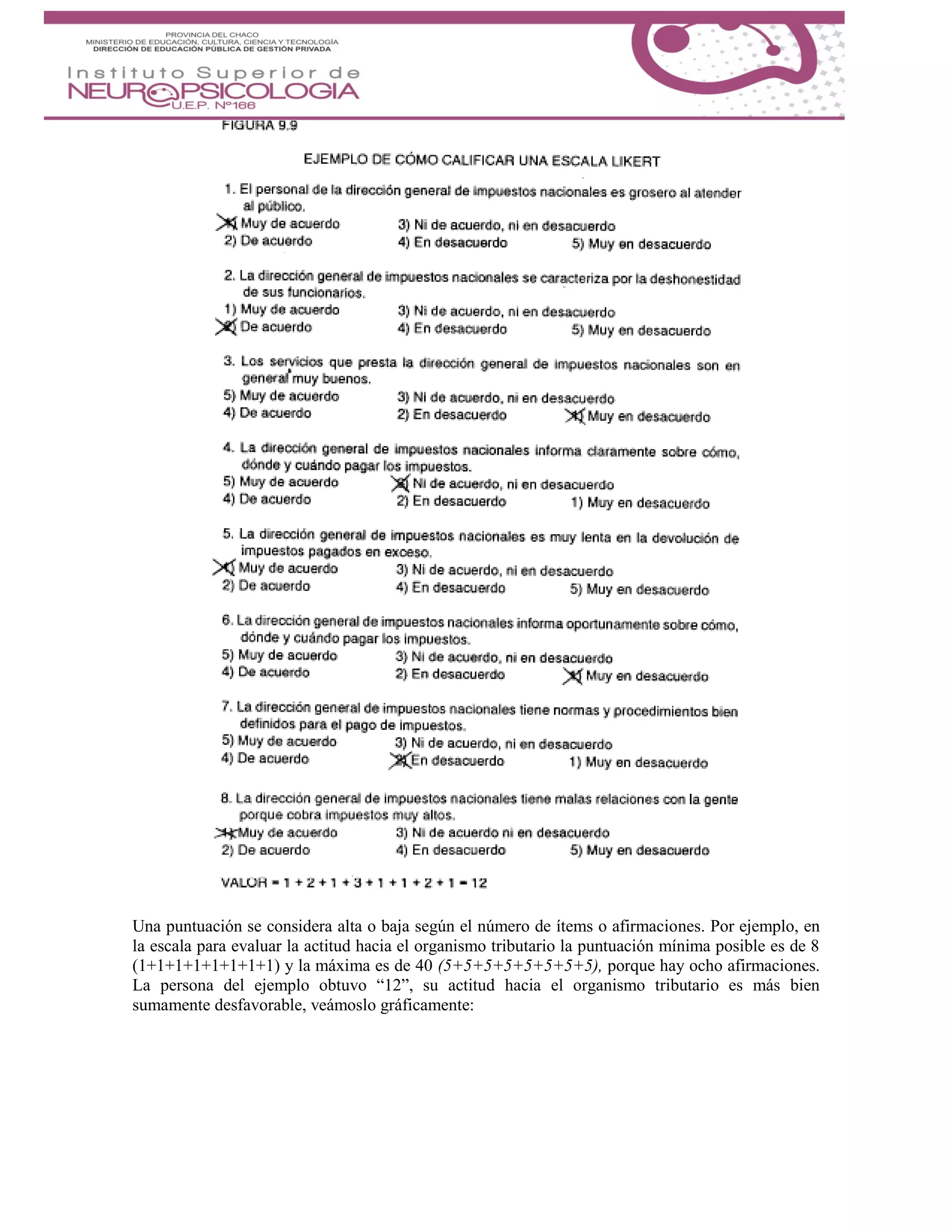 Una puntuación se considera alta o baja según el número de ítems o afirmaciones. Por ejemplo, en
la escala para evaluar la actitud hacia el organismo tributario la puntuación mínima posible es de 8
(1+1+1+1+1+1+1+1) y la máxima es de 40 (5+5+5+5+5+5+5+5), porque hay ocho afirmaciones.
La persona del ejemplo obtuvo “12”, su actitud hacia el organismo tributario es más bien
sumamente desfavorable, veámoslo gráficamente:
 