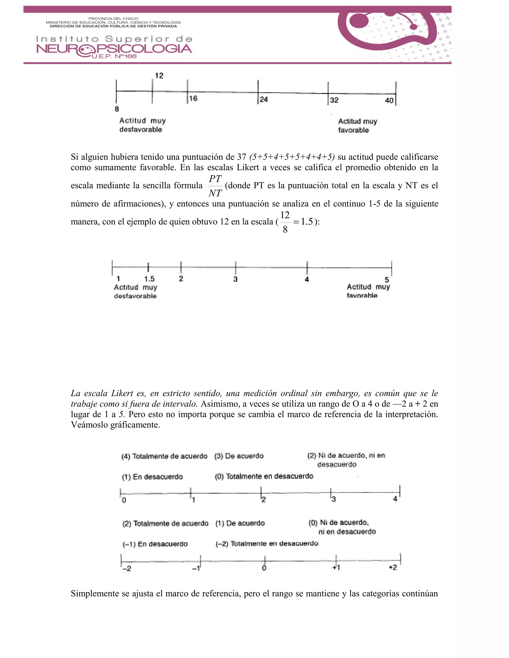 Si alguien hubiera tenido una puntuación de 37 (5+5+4+5+5+4+4+5) su actitud puede calificarse
como sumamente favorable. En las escalas Likert a veces se califica el promedio obtenido en la
escala mediante la sencilla fórmula
NT
PT
(donde PT es la puntuación total en la escala y NT es el
número de afirmaciones), y entonces una puntuación se analiza en el continuo 1-5 de la siguiente
manera, con el ejemplo de quien obtuvo 12 en la escala ( 5.1
8
12
 ):
La escala Likert es, en estricto sentido, una medición ordinal sin embargo, es común que se le
trabaje como si fuera de intervalo. Asimismo, a veces se utiliza un rango de O a 4 o de —2 a + 2 en
lugar de 1 a 5. Pero esto no importa porque se cambia el marco de referencia de la interpretación.
Veámoslo gráficamente.
Simplemente se ajusta el marco de referencia, pero el rango se mantiene y las categorías continúan
 