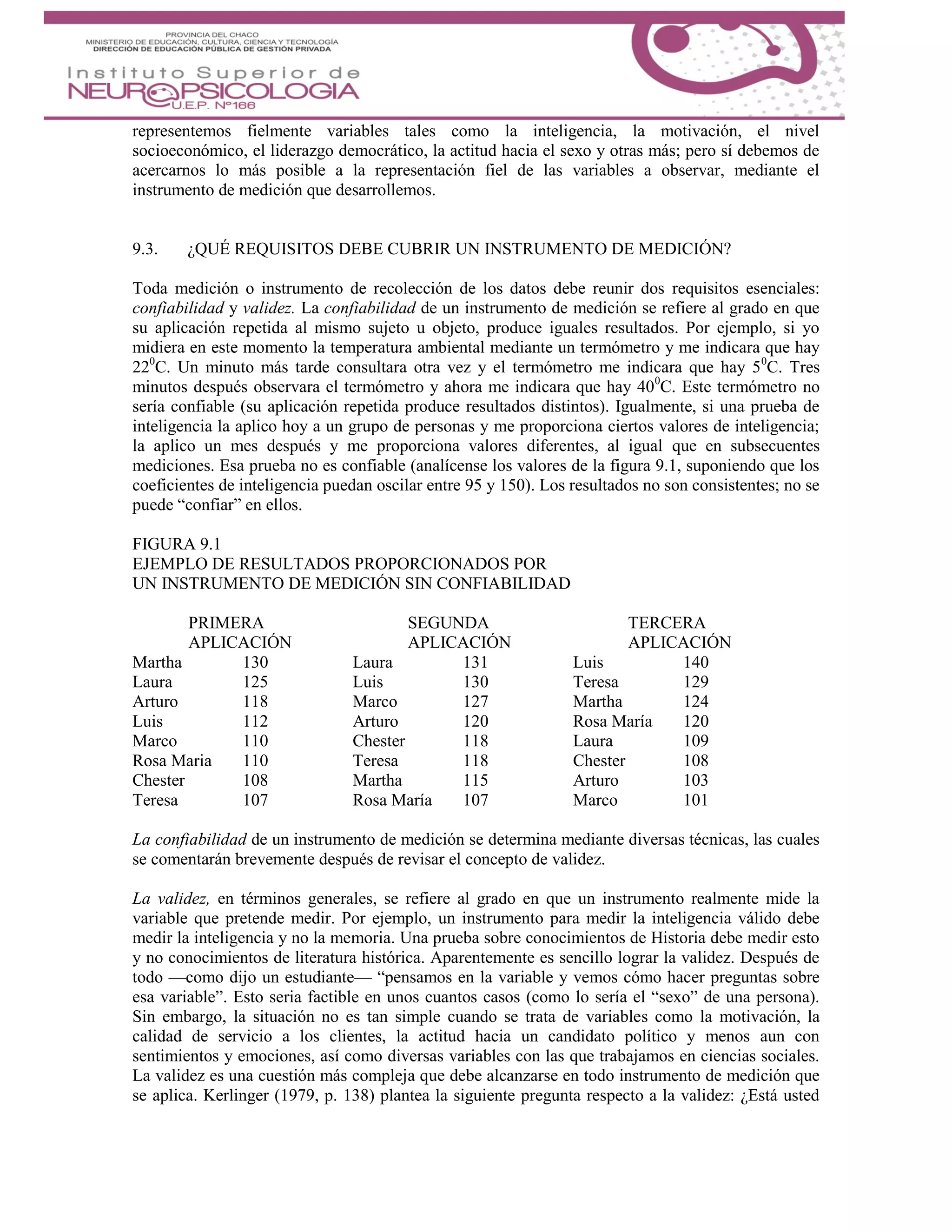 representemos fielmente variables tales como la inteligencia, la motivación, el nivel
socioeconómico, el liderazgo democrático, la actitud hacia el sexo y otras más; pero sí debemos de
acercarnos lo más posible a la representación fiel de las variables a observar, mediante el
instrumento de medición que desarrollemos.
9.3. ¿QUÉ REQUISITOS DEBE CUBRIR UN INSTRUMENTO DE MEDICIÓN?
Toda medición o instrumento de recolección de los datos debe reunir dos requisitos esenciales:
confiabilidad y validez. La confiabilidad de un instrumento de medición se refiere al grado en que
su aplicación repetida al mismo sujeto u objeto, produce iguales resultados. Por ejemplo, si yo
midiera en este momento la temperatura ambiental mediante un termómetro y me indicara que hay
220
C. Un minuto más tarde consultara otra vez y el termómetro me indicara que hay 50
C. Tres
minutos después observara el termómetro y ahora me indicara que hay 400
C. Este termómetro no
sería confiable (su aplicación repetida produce resultados distintos). Igualmente, si una prueba de
inteligencia la aplico hoy a un grupo de personas y me proporciona ciertos valores de inteligencia;
la aplico un mes después y me proporciona valores diferentes, al igual que en subsecuentes
mediciones. Esa prueba no es confiable (analícense los valores de la figura 9.1, suponiendo que los
coeficientes de inteligencia puedan oscilar entre 95 y 150). Los resultados no son consistentes; no se
puede “confiar” en ellos.
FIGURA 9.1
EJEMPLO DE RESULTADOS PROPORCIONADOS POR
UN INSTRUMENTO DE MEDICIÓN SIN CONFIABILIDAD
PRIMERA SEGUNDA TERCERA
APLICACIÓN APLICACIÓN APLICACIÓN
Martha 130 Laura 131 Luis 140
Laura 125 Luis 130 Teresa 129
Arturo 118 Marco 127 Martha 124
Luis 112 Arturo 120 Rosa María 120
Marco 110 Chester 118 Laura 109
Rosa Maria 110 Teresa 118 Chester 108
Chester 108 Martha 115 Arturo 103
Teresa 107 Rosa María 107 Marco 101
La confiabilidad de un instrumento de medición se determina mediante diversas técnicas, las cuales
se comentarán brevemente después de revisar el concepto de validez.
La validez, en términos generales, se refiere al grado en que un instrumento realmente mide la
variable que pretende medir. Por ejemplo, un instrumento para medir la inteligencia válido debe
medir la inteligencia y no la memoria. Una prueba sobre conocimientos de Historia debe medir esto
y no conocimientos de literatura histórica. Aparentemente es sencillo lograr la validez. Después de
todo —como dijo un estudiante— “pensamos en la variable y vemos cómo hacer preguntas sobre
esa variable”. Esto seria factible en unos cuantos casos (como lo sería el “sexo” de una persona).
Sin embargo, la situación no es tan simple cuando se trata de variables como la motivación, la
calidad de servicio a los clientes, la actitud hacia un candidato político y menos aun con
sentimientos y emociones, así como diversas variables con las que trabajamos en ciencias sociales.
La validez es una cuestión más compleja que debe alcanzarse en todo instrumento de medición que
se aplica. Kerlinger (1979, p. 138) plantea la siguiente pregunta respecto a la validez: ¿Está usted
 