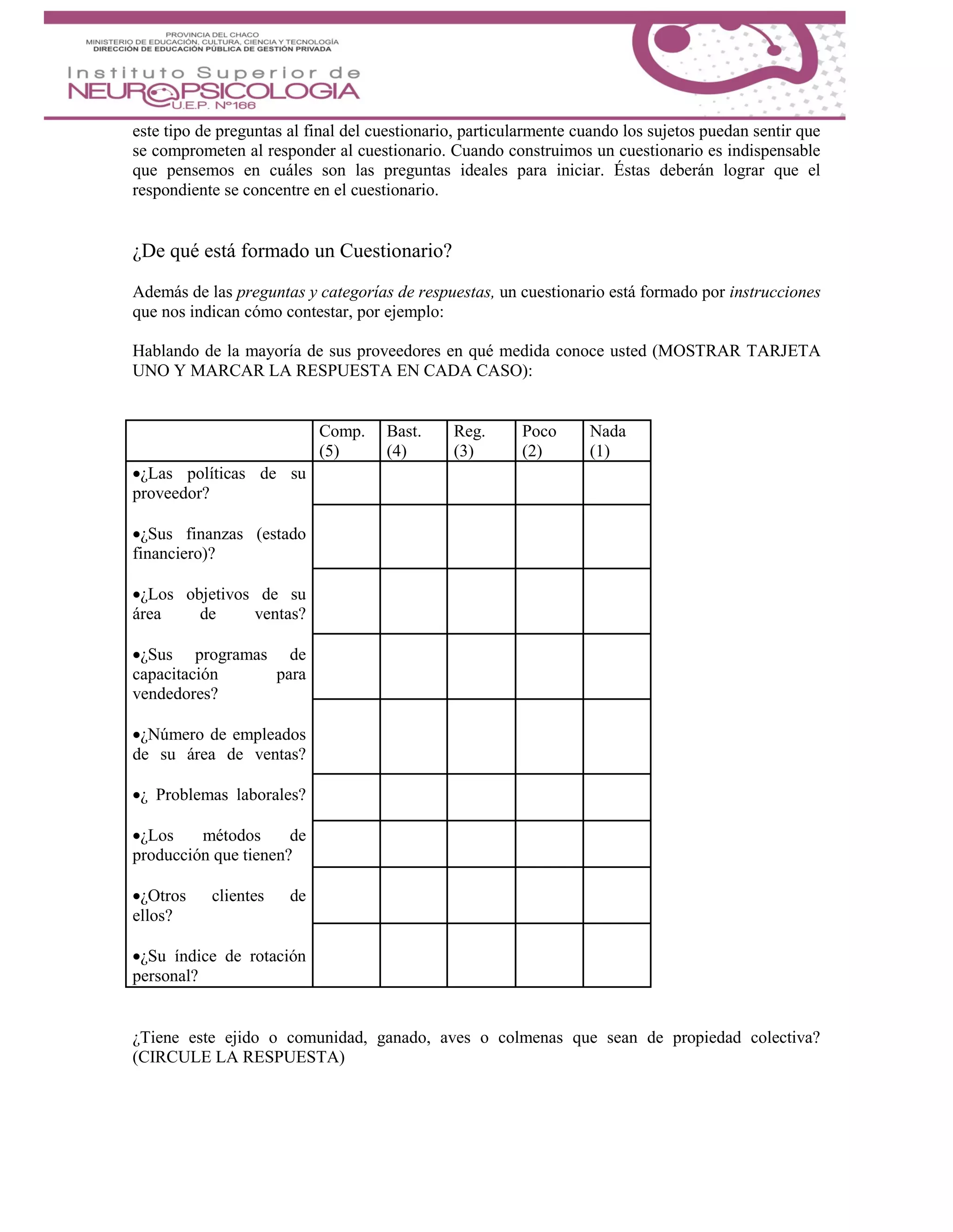 este tipo de preguntas al final del cuestionario, particularmente cuando los sujetos puedan sentir que
se comprometen al responder al cuestionario. Cuando construimos un cuestionario es indispensable
que pensemos en cuáles son las preguntas ideales para iniciar. Éstas deberán lograr que el
respondiente se concentre en el cuestionario.
¿De qué está formado un Cuestionario?
Además de las preguntas y categorías de respuestas, un cuestionario está formado por instrucciones
que nos indican cómo contestar, por ejemplo:
Hablando de la mayoría de sus proveedores en qué medida conoce usted (MOSTRAR TARJETA
UNO Y MARCAR LA RESPUESTA EN CADA CASO):
Comp.
(5)
Bast.
(4)
Reg.
(3)
Poco
(2)
Nada
(1)
¿Las políticas de su
proveedor?
¿Sus finanzas (estado
financiero)?
¿Los objetivos de su
área de ventas?
¿Sus programas de
capacitación para
vendedores?
¿Número de empleados
de su área de ventas?
¿ Problemas laborales?
¿Los métodos de
producción que tienen?
¿Otros clientes de
ellos?
¿Su índice de rotación
personal?
¿Tiene este ejido o comunidad, ganado, aves o colmenas que sean de propiedad colectiva?
(CIRCULE LA RESPUESTA)
 