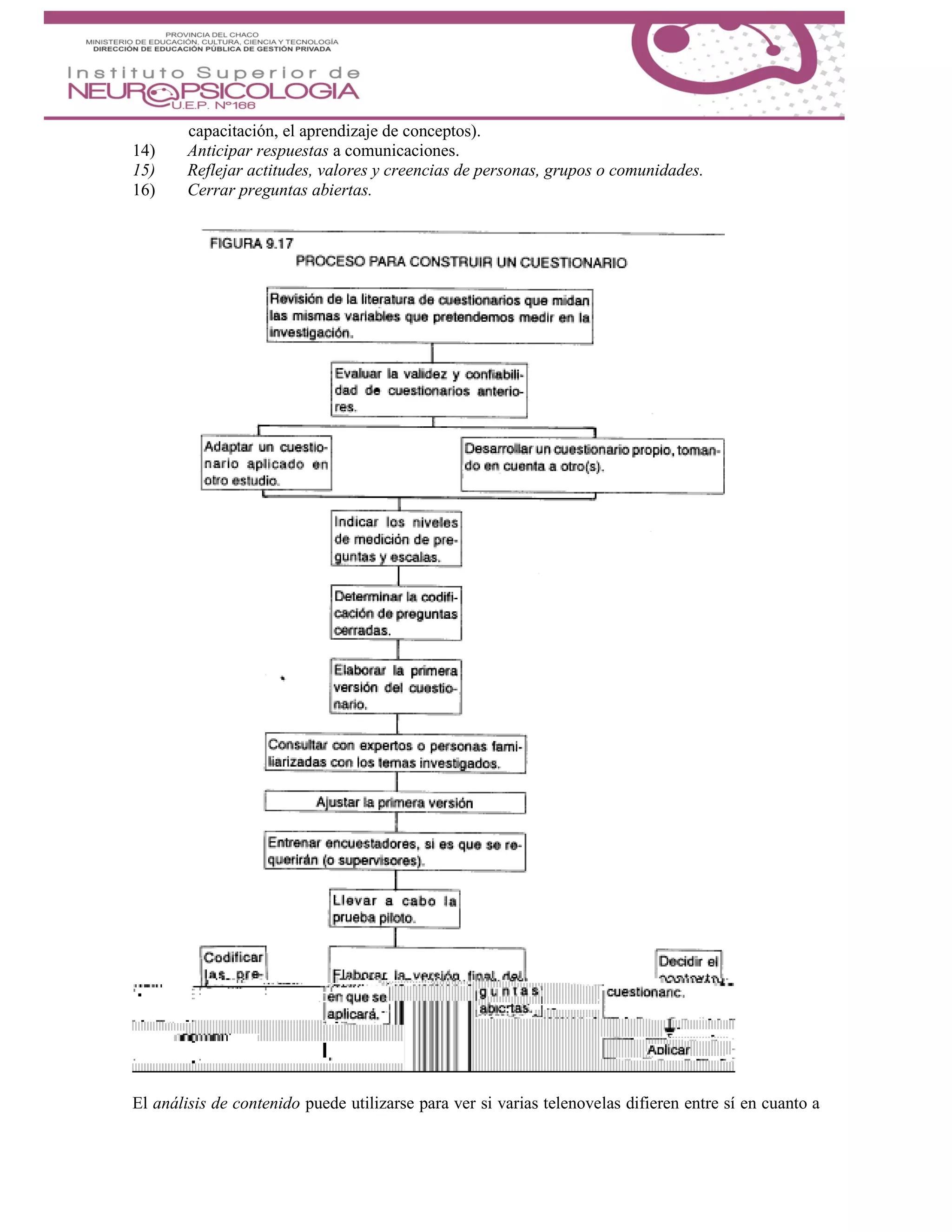 capacitación, el aprendizaje de conceptos).
14) Anticipar respuestas a comunicaciones.
15) Reflejar actitudes, valores y creencias de personas, grupos o comunidades.
16) Cerrar preguntas abiertas.
El análisis de contenido puede utilizarse para ver si varias telenovelas difieren entre sí en cuanto a
 