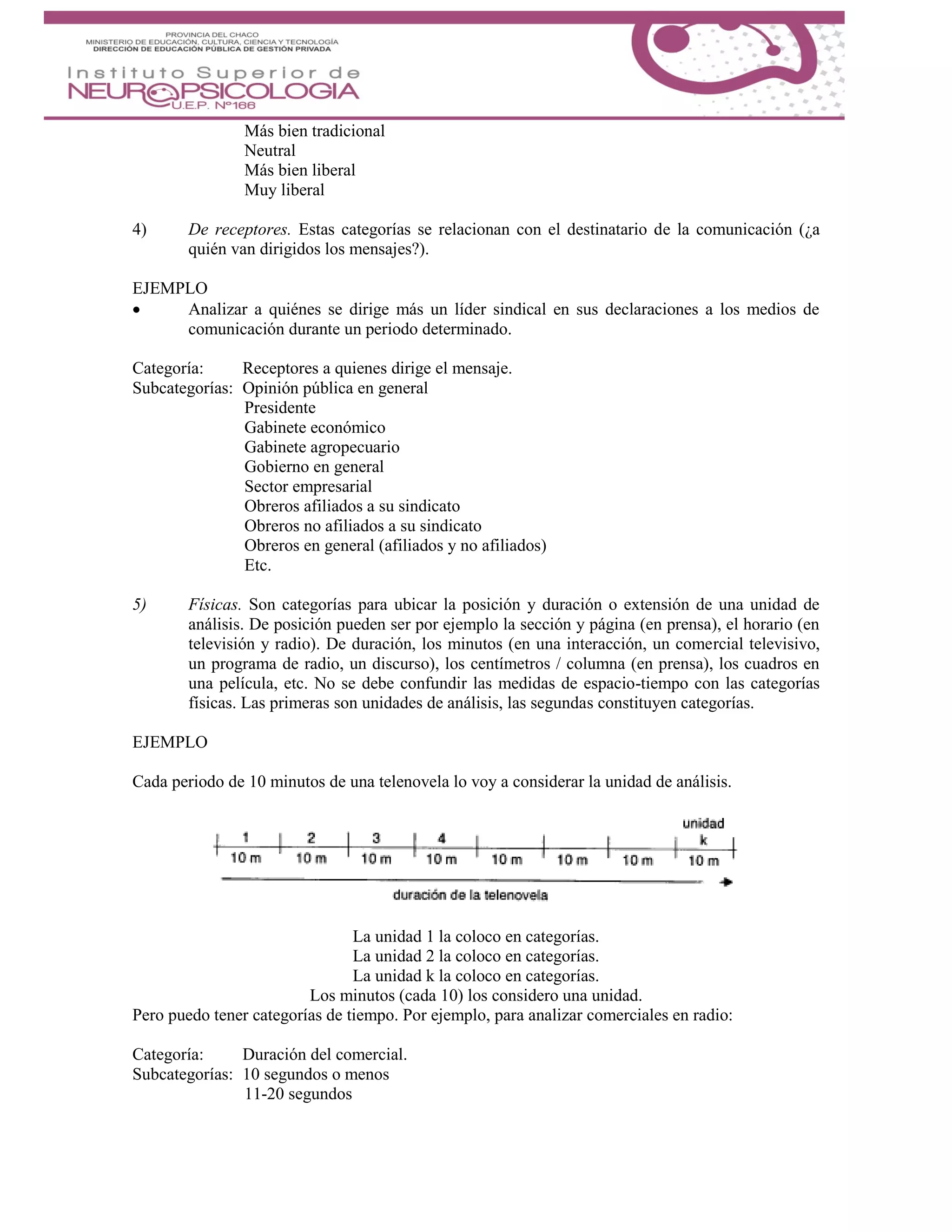 Más bien tradicional
Neutral
Más bien liberal
Muy liberal
4) De receptores. Estas categorías se relacionan con el destinatario de la comunicación (¿a
quién van dirigidos los mensajes?).
EJEMPLO
 Analizar a quiénes se dirige más un líder sindical en sus declaraciones a los medios de
comunicación durante un periodo determinado.
Categoría: Receptores a quienes dirige el mensaje.
Subcategorías: Opinión pública en general
Presidente
Gabinete económico
Gabinete agropecuario
Gobierno en general
Sector empresarial
Obreros afiliados a su sindicato
Obreros no afiliados a su sindicato
Obreros en general (afiliados y no afiliados)
Etc.
5) Físicas. Son categorías para ubicar la posición y duración o extensión de una unidad de
análisis. De posición pueden ser por ejemplo la sección y página (en prensa), el horario (en
televisión y radio). De duración, los minutos (en una interacción, un comercial televisivo,
un programa de radio, un discurso), los centímetros / columna (en prensa), los cuadros en
una película, etc. No se debe confundir las medidas de espacio-tiempo con las categorías
físicas. Las primeras son unidades de análisis, las segundas constituyen categorías.
EJEMPLO
Cada periodo de 10 minutos de una telenovela lo voy a considerar la unidad de análisis.
La unidad 1 la coloco en categorías.
La unidad 2 la coloco en categorías.
La unidad k la coloco en categorías.
Los minutos (cada 10) los considero una unidad.
Pero puedo tener categorías de tiempo. Por ejemplo, para analizar comerciales en radio:
Categoría: Duración del comercial.
Subcategorías: 10 segundos o menos
11-20 segundos
 