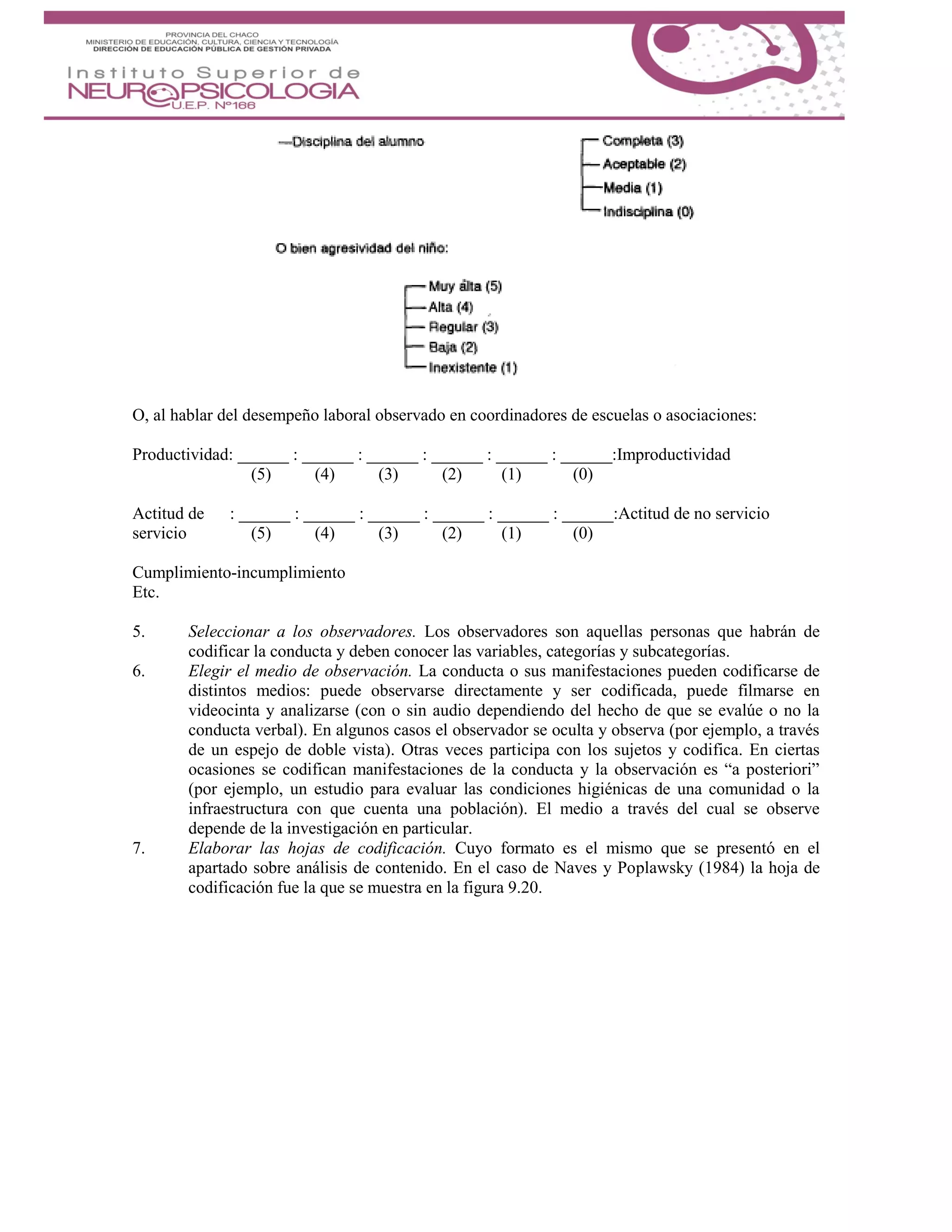 O, al hablar del desempeño laboral observado en coordinadores de escuelas o asociaciones:
Productividad: ______ : ______ : ______ : ______ : ______ : ______:Improductividad
(5) (4) (3) (2) (1) (0)
Actitud de : ______ : ______ : ______ : ______ : ______ : ______:Actitud de no servicio
servicio (5) (4) (3) (2) (1) (0)
Cumplimiento-incumplimiento
Etc.
5. Seleccionar a los observadores. Los observadores son aquellas personas que habrán de
codificar la conducta y deben conocer las variables, categorías y subcategorías.
6. Elegir el medio de observación. La conducta o sus manifestaciones pueden codificarse de
distintos medios: puede observarse directamente y ser codificada, puede filmarse en
videocinta y analizarse (con o sin audio dependiendo del hecho de que se evalúe o no la
conducta verbal). En algunos casos el observador se oculta y observa (por ejemplo, a través
de un espejo de doble vista). Otras veces participa con los sujetos y codifica. En ciertas
ocasiones se codifican manifestaciones de la conducta y la observación es “a posteriori”
(por ejemplo, un estudio para evaluar las condiciones higiénicas de una comunidad o la
infraestructura con que cuenta una población). El medio a través del cual se observe
depende de la investigación en particular.
7. Elaborar las hojas de codificación. Cuyo formato es el mismo que se presentó en el
apartado sobre análisis de contenido. En el caso de Naves y Poplawsky (1984) la hoja de
codificación fue la que se muestra en la figura 9.20.
 