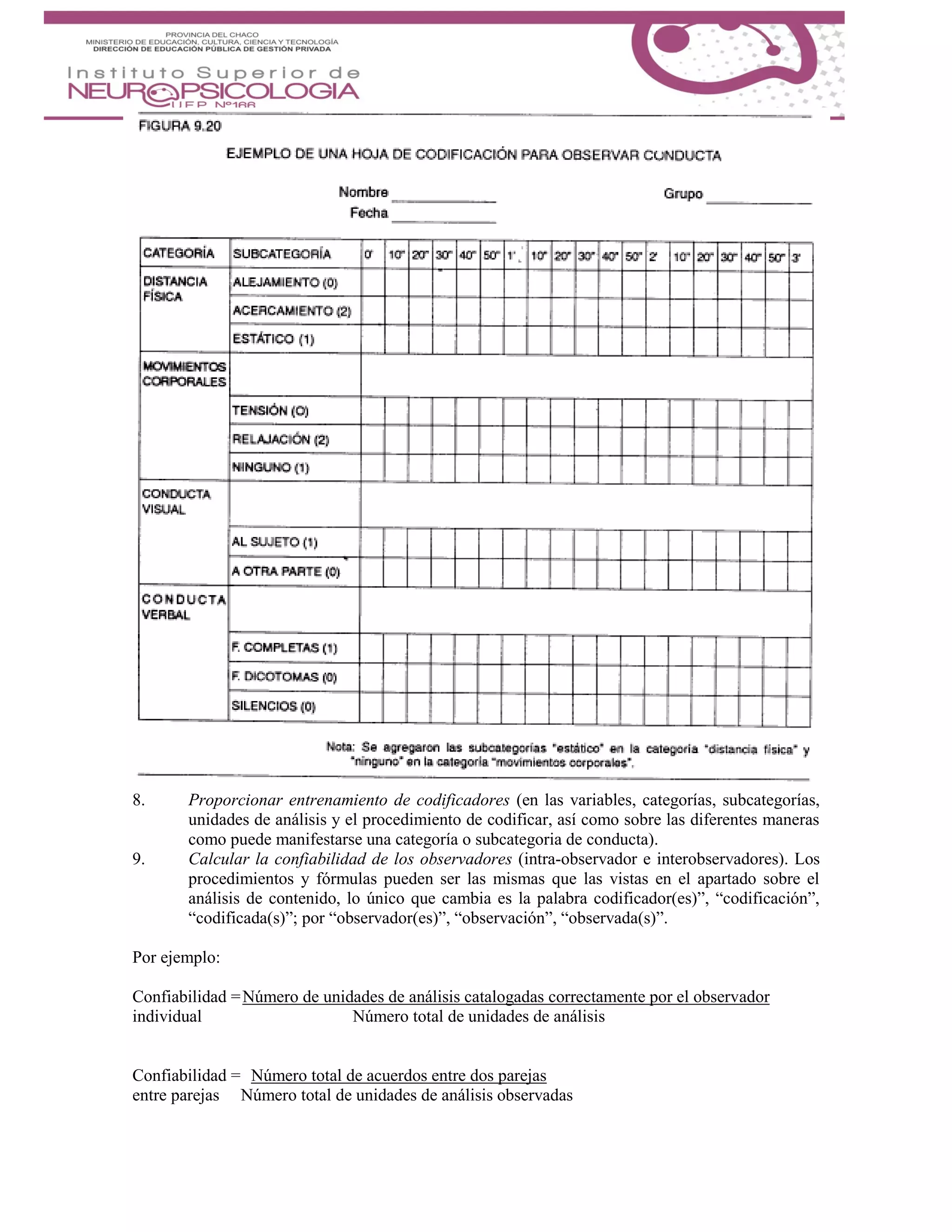 8. Proporcionar entrenamiento de codificadores (en las variables, categorías, subcategorías,
unidades de análisis y el procedimiento de codificar, así como sobre las diferentes maneras
como puede manifestarse una categoría o subcategoria de conducta).
9. Calcular la confiabilidad de los observadores (intra-observador e interobservadores). Los
procedimientos y fórmulas pueden ser las mismas que las vistas en el apartado sobre el
análisis de contenido, lo único que cambia es la palabra codificador(es)”, “codificación”,
“codificada(s)”; por “observador(es)”, “observación”, “observada(s)”.
Por ejemplo:
Confiabilidad =Número de unidades de análisis catalogadas correctamente por el observador
individual Número total de unidades de análisis
Confiabilidad = Número total de acuerdos entre dos parejas
entre parejas Número total de unidades de análisis observadas
 
