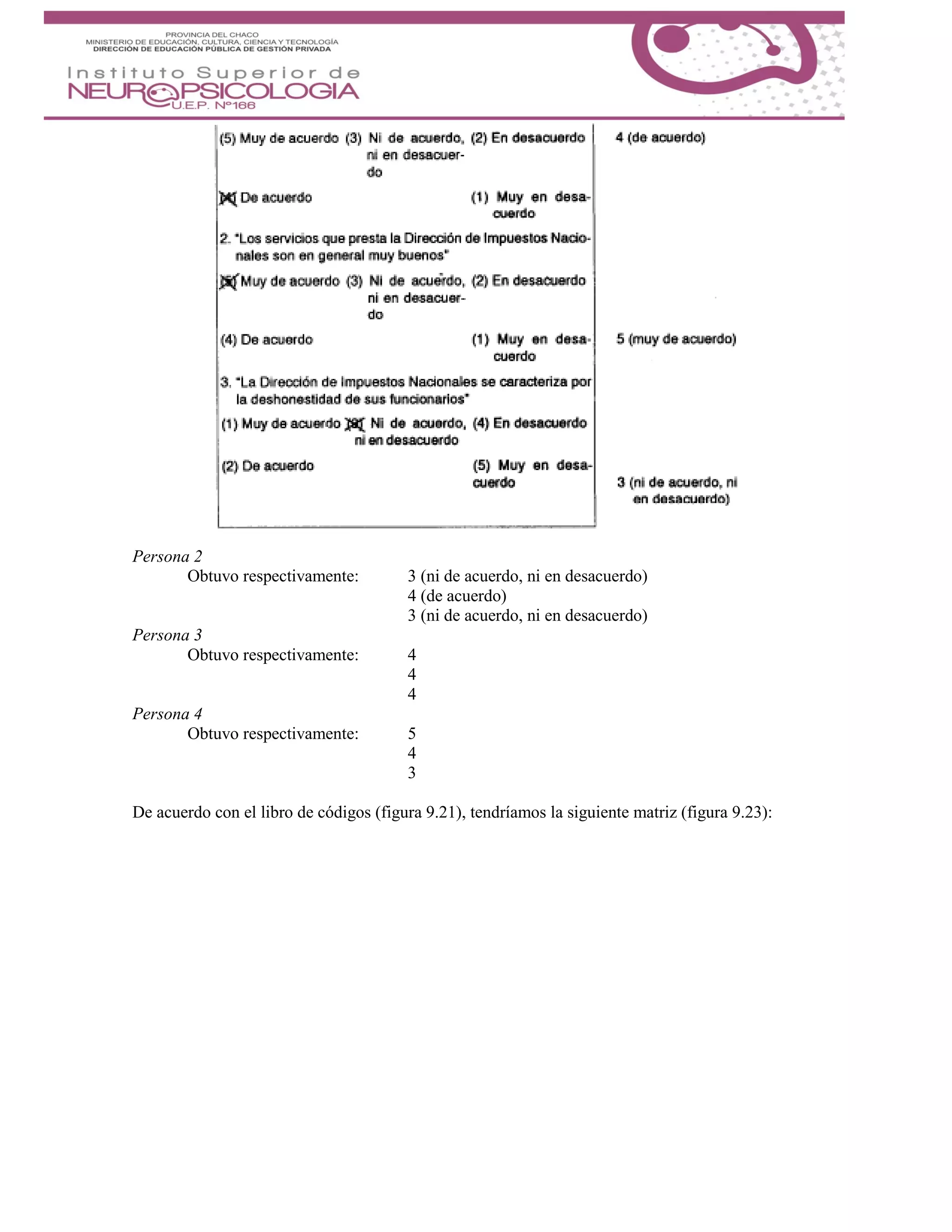 Persona 2
Obtuvo respectivamente: 3 (ni de acuerdo, ni en desacuerdo)
4 (de acuerdo)
3 (ni de acuerdo, ni en desacuerdo)
Persona 3
Obtuvo respectivamente: 4
4
4
Persona 4
Obtuvo respectivamente: 5
4
3
De acuerdo con el libro de códigos (figura 9.21), tendríamos la siguiente matriz (figura 9.23):
 