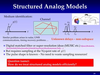 26
Structured Analog Models
Digital matched filter or super-resolution ideas (MUSIC etc.) (Quazi,Brukstein,
Shan,Kailath,P...