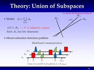 33
Theory: Union of Subspaces
Model:
Mixed estimation detection problem
Lu and Do 08, Mishali and Eldar 09
 