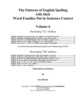 The Patterns of English Spelling
with their
Word Families Put in Sentence Context
Volume 6
The Ending "UL" Suffixes
INDEX of Double Consonants plus -LE Suffix, from babble to puzzle.................................. 2
INDEX of Blends & Digraphs plus LE Suffix, e.g. tackle, muscle.......................................... 2
INDEX of the R- Controlled Families Plus LE Suffix, marble-startle.................................... 2
INDEX of the Vowel + Single Consonant + EL (-able & ible) ................................................ 2
INDEX of the -EL, -IL, -OL, UL suffixes from compel to dreadful ....................................... 3
(-al words such as personal & personality are in Volume 8, pp. 817-827)
The Ending "UR" Suffixes
INDEX of Double Consonants plus -ER, from grabber to buzzer ......................................... 4
INDEX of Blends & Digraphs plus -ER suffix, amber to howitzer ........................................ 4
INDEX of the R- Controlled Families Plus ER Suffix, barber to server ............................... 5
INDEX of Vowels plus Consonant plus ER suffix, saber to freezer ....................................... 5
INDEX of the -ar, -ir, -or, -aur, -eur, -our (British) suffixes .................................................. 6
INDEX of the -re & the "ow" suffixes .................................................................................... 6
INDEX of the -et, -it, -ot suffixes ............................................................................................. 6
& Miscellaneous Relatives
By
Don McCabe
Copyright © 2008 AVKO Educational Research Foundation
3084 W. Willard Road
Clio, Michigan 48420
Phone: (810) 686-9283 FAX: (810) 686-1101
 
