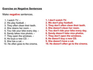 Exercise on Negative Sentences
Make negative sentences.
1. I watch TV. -
2. We play football. -
3. They often clean their teeth.
4. She cleans her room. -
5. You ride your bike every day. -
6. Sandy takes nice photos. -
7. They open the windows. -
8. He buys a new CD. -
9. She has a cat. -
10. He often goes to the cinema.
1. I don't watch TV.
2. We don't play football.
3. They don't often clean their teeth.
4. She doesn't clean her room.
5. You don't ride your bike every day.
6. Sandy doesn't take nice photos.
7. They don't open the windows.
8. He doesn't buy a new CD.
9. She doesn't have a cat.
10. He doesn't often go to the cinema.
 