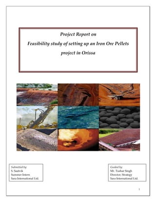 1
Project Report on
Feasibility study of setting up an Iron Ore Pellets
project in Orissa
Submitted by:
S. Saatvik
Summer Intern
Sara International Ltd.
Guided by:
Mr. Tushar Singh
Director, Strategy
Sara International Ltd.
 