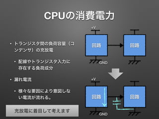 CPUの消費電力
• トランジスタ間の負荷容量（コ
ンデンサ）の充放電
• 配線やトランジスタ入力に
存在する負荷成分
• 漏れ電流
• 様々な要因により意図しな
い電流が流れる。
充放電に着目して考えます
+V
GND
回路 回路
+V
GND
回路 回路
 