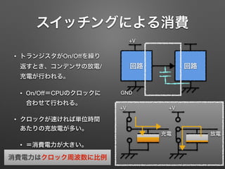スイッチングによる消費
• トランジスタがOn/Offを繰り
返すとき、コンデンサの放電/
充電が行われる。
• On/Off＝CPUのクロックに
合わせて行われる。
• クロックが速ければ単位時間
あたりの充放電が多い。
• ＝消費電力が大きい。
消費電力はクロック周波数に比例
+V
GND
回路 回路
+V
充電
+V
放電
 