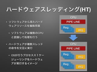ハードウェアスレッディング(HT)
• ソフトウェアから見たハード
ウェアリソースを複数用意
• ソフトウェアは複数のCPU
と認識して処理を行う
• ハードウェアが複数スレッド
の命令を交互に実行
• OSが行うプロセスス１ケー
ジューリングをハードウェ
アが実行するイメージ
CPU
Reg
IRQ
PIPE LINE
CPU
Reg
IRQ
PIPE LINE
Reg
IRQ
 