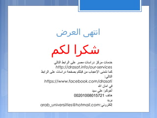 ‫العرض‬ ‫انتهى‬
‫لكم‬ ‫شكرا‬
‫التالي‬ ‫الرابط‬ ‫على‬ ‫مصر‬ ‫دراسات‬ ‫مركز‬ ‫خدمات‬
http://drasat.info/our-services
‫الرابط‬ ‫على‬ ‫دراسات‬ ‫بصفحة‬ ‫قبلكم‬ ‫من‬ ‫العجاب‬ ‫نتمنى‬ ‫كما‬
:‫التالي‬
https://www.facebook.com/drasati
‫ال‬ ‫امان‬ ‫في‬
‫سيد‬ ‫علي‬ :‫أخوكم‬
‫هاتف‬00201008015721
‫بريد‬
:‫إلكتروني‬arab_universiities@hotmail.com
 