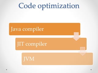 Code optimization
Java compiler
JIT compiler
JVM
 