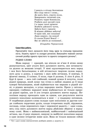 10
І ринуть в пітьму безгоміння
Без сліду мислі і слова…
Де взять його, отрути зілля,
Заворожить гнітючий сум,
Розвіять чорне божевілля,
Розбити долі наглий глум
І в чарах тихої дрімоти
Згубити дійсності чуття,
Забути болі і гризоти
В міцних обіймах небуття!
О краю мій, моє кохання!
Лани широкі, гір шпилі!
О сльози Рідної Землі! —
Вас не забути до сконання!..
(Спиридон Черкасенко)
; Самостійна робота.
Прочитайте текст, визначте його тему, ідею та стильову приналеж-
ність. Укажіть прості та складні речення. Виконайте повний синтак-
сичний розбір одного простого та одного складного речень*.
Рідне слово
Мова народу  — кращий, що ніколи не в’яне й  вічно знову
розпускається, цвіт усього його духовного життя, яке починаєть-
ся далеко за межами історії. У  мові одухотворяється весь народ
і  вся його батьківщина; в  ній втілюється творчою силою народ-
ного духу в  думку, в  картину і  звук небо вітчизни, її повітря, її
фізичні явища, її клімат, її поля, гори й  долини, її ліси й  ріки, її
бурі й грози — весь той глибокий, повний думки й почуття, голос
рідної природи, який лунає так гучно в  любові людини до її іноді
суворої батьківщини, який відбивається так виразно в  рідній піс-
ні, в  рідних мелодіях, в  устах народних поетів. Проте у  світлих,
прозорих глибинах народної мови відбивається не тільки приро-
да рідної країни, але й  уся історія духовного життя народу. По-
коління народу проходять одне за одним, але результати життя
кожного покоління залишаються в  мові  — у  спадщину потомкам.
У скарбницю рідного слова складає одне покоління за другим пло-
ди глибоких сердечних рухів, плоди історичних подій, вірування,
погляди, сліди пережитого горя і пережитої радості,— одне слово,
весь слід свого духовного життя народ дбайливо зберігає в  народ-
ному слові. Мова є  найважливіший, найбагатший і  найміцніший
зв’язок, що з’єднує віджилі, живущі та майбутні покоління народу
в  одне велике історичне живе ціле. Вона не тільки виявляє собою
*  Тут і далі схеми синтаксичних розборів дивись у додатку 2.
 