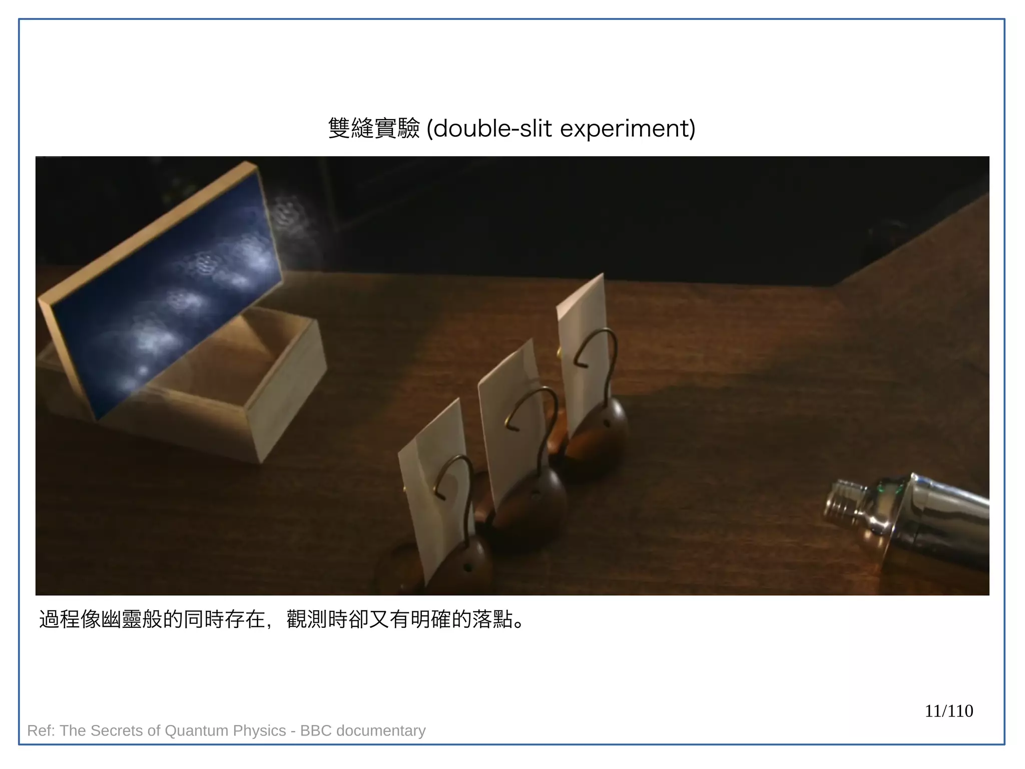 11/110
雙縫實驗 (double-slit experiment)
過程像幽靈般的同時存在，觀測時卻又有明確的落點。
Ref: The Secrets of Quantum Physics - BBC documentary
 