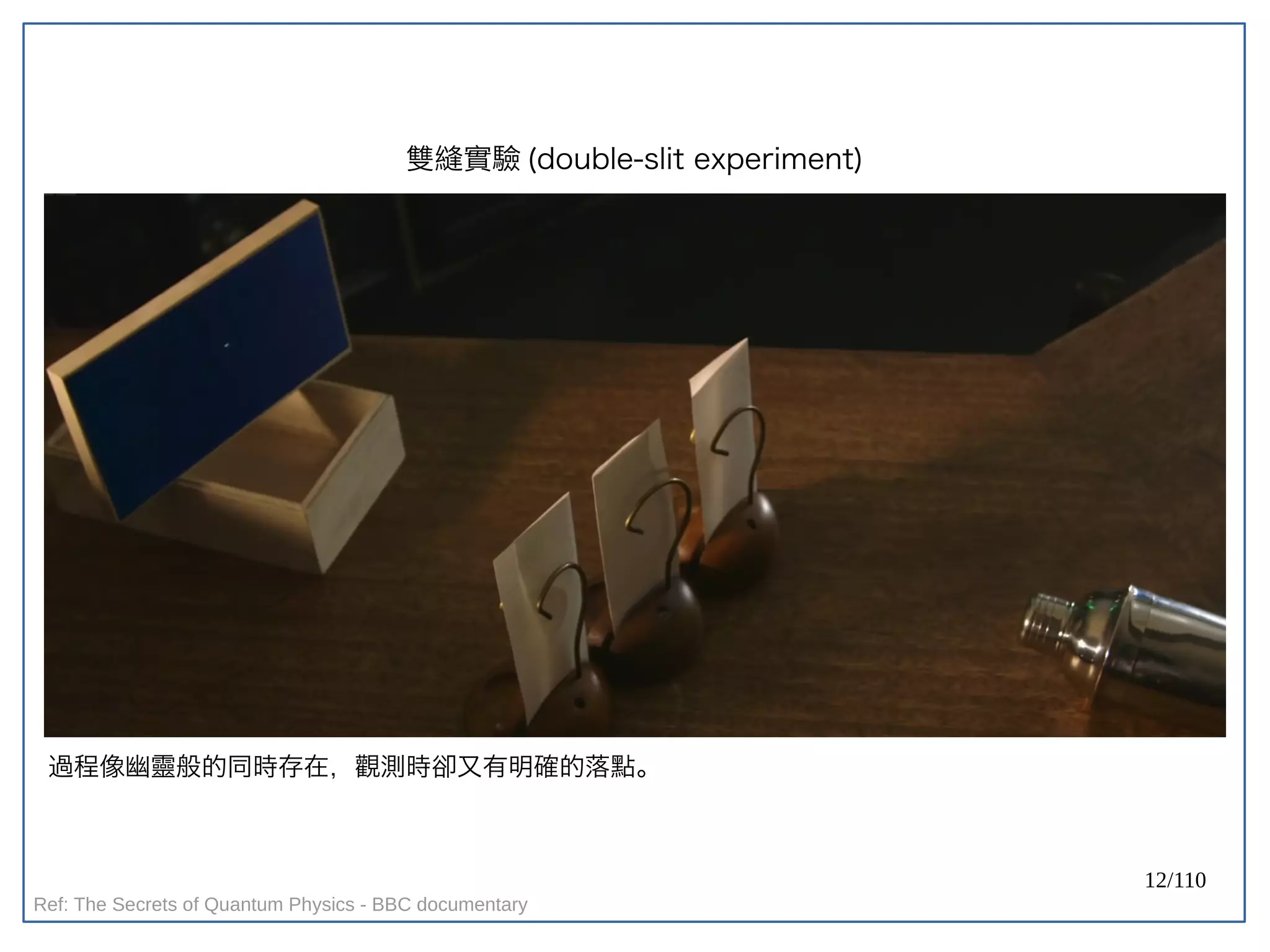 12/110
雙縫實驗 (double-slit experiment)
過程像幽靈般的同時存在，觀測時卻又有明確的落點。
Ref: The Secrets of Quantum Physics - BBC documentary
 
