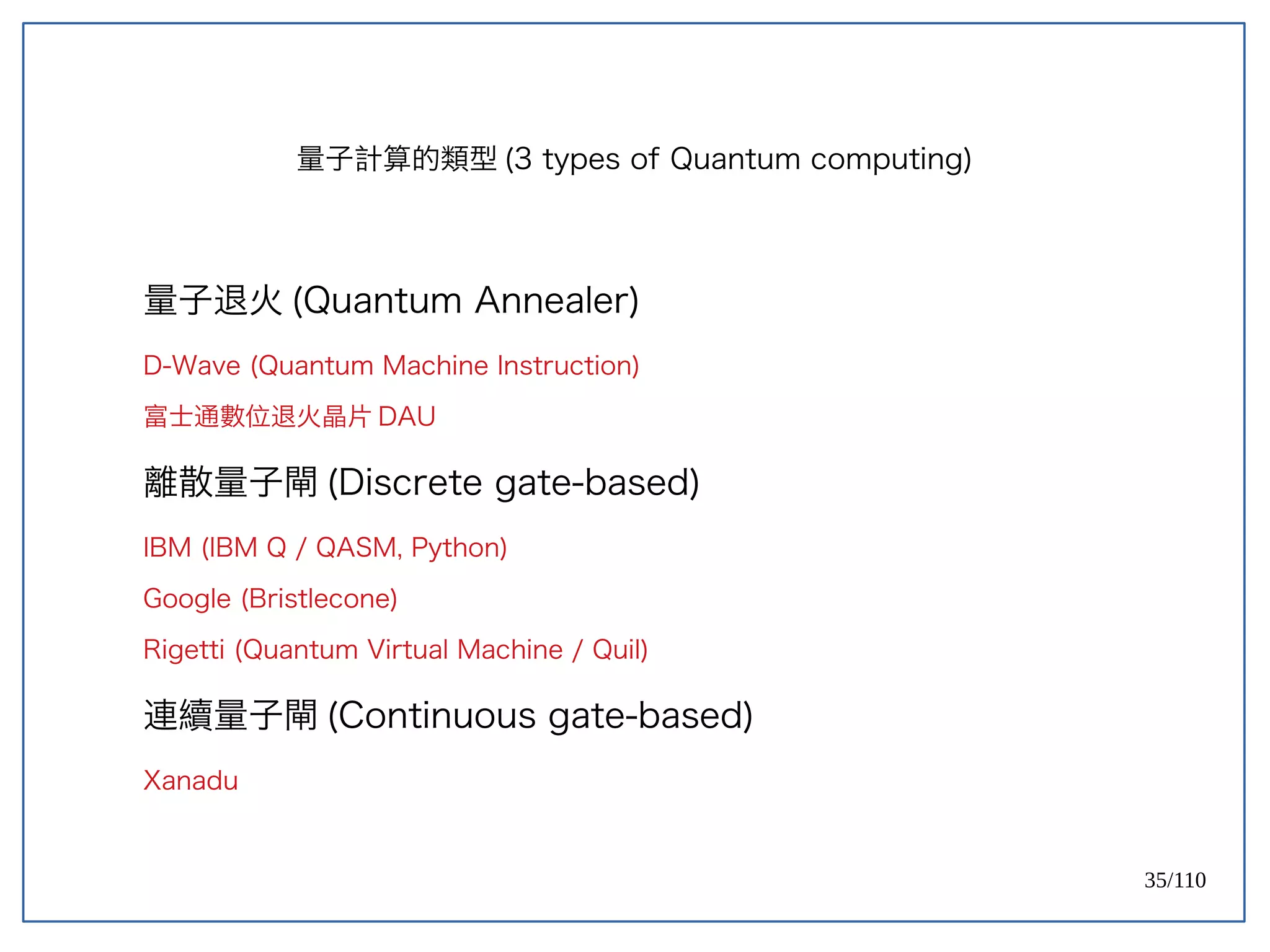 35/110
量子退火 (Quantum Annealer)
D-Wave (Quantum Machine Instruction)
富士通數位退火晶片 DAU
離散量子閘 (Discrete gate-based)
IBM (IBM Q / QASM, Python)
Google (Bristlecone)
Rigetti (Quantum Virtual Machine / Quil)
連續量子閘 (Continuous gate-based)
Xanadu
量子計算的類型 (3 types of Quantum computing)
 