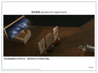 11/110
雙縫實驗 (double-slit experiment)
過程像幽靈般的同時存在，觀測時卻又有明確的落點。
Ref: The Secrets of Quantum Physics - BBC documentary
 