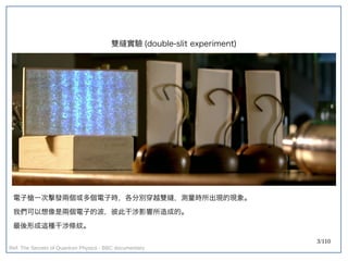 3/110
雙縫實驗 (double-slit experiment)
電子槍一次擊發兩個或多個電子時，各分別穿越雙縫，測量時所出現的現象。
我們可以想像是兩個電子的波，彼此干涉影響所造成的。
最後形成這種干涉條紋。
Ref: The Secrets of Quantum Physics - BBC documentary
 