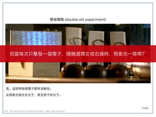 7/110
雙縫實驗 (double-slit experiment)
是。這說明每個電子都有波動性。
此現象也發生在光子，甚至原子和分子。
但當每次只擊發一個電子，隨機選擇左或右縫時，現象也一樣嗎？
Ref: The Secrets of Quantum Physics - BBC documentary
 