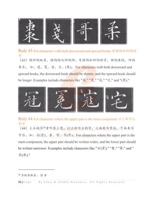 72 | P a g e B y E d e o  L E G O O M a n d a r i n . A l l R i g h t s R e s e r v e d .
Rule 43 For characters with both downward and upward hooks ᴿ‫إ‬䫟ૂԦ䫟Ⲻ
ᆍ
δ43ε‫إ‬Ԧ䫟᥇㘻θ‫إ‬䫟㕟㙂Ԧ䫟ծȾᴿ‫إ‬䫟ૂԦ䫟Ⲻᆍθ‫إ‬䫟㾷⸣θԦ䫟
㾷䮵Ⱦ ྸχߖȽߋȽᇽȽᆻȽ(ߚ)Ⱦ For characters with both downward and
upward hooks, the downward hook should be shorter, and the upward hook should
be longer. Examples include characters like ߖ, ߋ, ᇽ, ᆻ, and (ߚ).
Rule 44 For characters where the upper part is the main component ԛр䜞Ѱѱ
Ⲻᆍ
δ44εрখ൦᷑20
㘻੢ެрᇳȾԛр䜞ѰѱⲺᆍθр䶘㾷ߏᇳӑθс䶘㾷ߏ
ズӑȾྸφӇ(䴨)ȽᲤȽⲼȽ喆(喀)ȾFor characters where the upper part is the
main component, the upper part should be written wider, and the lower part should
be written narrower. Examples include characters like Ӈ(䴨), Ფ, Ⲽ, and 
喆(喀).
20
↛Ⲻᔸ։ᆍφ ᷑ ↟
ᆍ
δ43ε‫إ‬Ԧ䫟᥇㘻θ‫إ‬䫟㕟㙂Ԧ䫟ծȾᴿ‫إ‬䫟ૂԦ䫟Ⲻᆍθ‫إ‬䫟㾷⸣θԦ䫟
㾷䮵Ⱦ ྸχߖȽߋȽᇽȽᆻȽ(ߚ)Ⱦ F
F
F
Fo
o
o
or
r
r
r characte
e
e
e
er
r
r
r
r
rs
s
s
s with both downward and
upward hooks, the downward hook s
s
s
sh
h
h
h
hould b
b
b
b
b
be sh
h
h
h
ho
orter, a
a
a
and the upward hook should
be longer. Examples include cha
a
a
a
ar
r
r
racters l
l
l
li
i
i
ike ߖ
ߖ
ߖ
ߖ
ߖ, ߋ
ߋ
ߋ
ߋ
ߋ
ߋ, ᇽ, ᆻ, and (ߚ).
Rule 44 For characters where the upper part is the main component ԛр䜞Ѱѱ
Ⲻᆍ
δ44εрখ൦
൦
൦
൦
൦
൦
൦
൦
൦
൦᷑
᷑
᷑
᷑
᷑
᷑20
20
20
2
20
0
2
2
㘻
㘻
㘻
㘻
㘻
㘻੢
੢
੢
੢
੢
੢
੢
੢ެ
ެ
ެ
ެ
ެ
ެ
ެ
ެ
ެр
р
р
р
р
р
р
р
рᇳ
ᇳ
ᇳ
ᇳ
ᇳ
ᇳ
ᇳȾ
Ⱦ
Ⱦԛ
ԛ
ԛ
ԛ
ԛ
ԛ
ԛ
ԛр
р
р
р
р
р
р
р
р
р䜞
䜞
䜞
䜞
䜞
䜞
䜞
䜞
䜞
䜞
䜞Ѱ
Ѱ
Ѱ
Ѱ
Ѱ
Ѱ
Ѱѱ
ѱ
ѱ
ѱ
ѱ
ѱ
ѱ
ѱⲺ
Ⲻ
Ⲻ
Ⲻ
Ⲻ
Ⲻ
Ⲻ
Ⲻ
Ⲻ
Ⲻ
Ⲻ
Ⲻᆍ
ᆍ
ᆍ
ᆍ
ᆍ
ᆍ
ᆍ
ᆍ
ᆍ
ᆍθр
р
р
р
р
р
р
р
р
р䶘
䶘
䶘
䶘
䶘
䶘
䶘
䶘
䶘
䶘
䶘㾷
㾷
㾷
㾷
㾷
㾷
㾷
㾷
㾷ߏ
ߏ
ߏ
ߏ
ߏ
ߏ
ߏ
ߏᇳ
ᇳ
ᇳ
ᇳ
ᇳ
ᇳ
ᇳӑ
ӑ
ӑ
ӑ
ӑ
ӑ
ӑ
ӑ
ӑ
ӑθ
θ
θ
θ
θ
θс
с
с
с
с
с
с
с
с䶘㾷ߏ
ズӑȾྸφӇ
Ӈ
Ӈ
Ӈ
Ӈ
Ӈ
Ӈ
Ӈ
Ӈ(
(
(
(䴨
䴨
䴨
䴨
䴨
䴨
䴨)
)
)
)
)
)
)ȽᲤ
Ფ
Ფ
Ფ
Ფ
Ფ
Ფ
Ფ
ᲤȽⲼ
Ⲽ
ⲼȽ
Ƚ
Ƚ
Ƚ
Ƚ喆
喆
喆
喆
喆
喆
喆(
(
(
(
(喀
喀
喀
喀
喀
喀)Ⱦ
Ⱦ
Ⱦ
Ⱦ
Ⱦ
ȾF
F
F
F
F
F
F
F
Fo
o
o
o
o
or
r
r
r
r c
c
c
c
c
c
c
ch
h
h
h
h
h
ha
a
a
ar
r
r
r
r
ra
a
a
a
a
a
a
ac
c
c
c
c
ct
t
t
t
t
te
e
e
e
er
r
r
r
r
r
rs
s
s
s
s
s
s
s w
w
w
w
w
wh
h
h
h
h
h
h
he
e
e
e
e
er
r
r
r
re
e
e
e
e
e t
the upper part is the
main component, the upper part should be written wider, and the lower part should
 