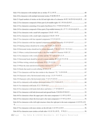 2 | P a g e B y E d e o & L E G O O M a n d a r i n . A l l R i g h t s R e s e r v e d .
Rule 19 In characters with multiple dots as strokes ᴿࠖ⛯Ⲻᆍ...................................................................49
Rule 20 In characters with multiple horizontal strokes ᴿᮦ⁠⭱Ⲻᆍ .........................................................49
Rule 21 Equal numbers of strokes on the left and right sides of a character ⭧њѠ⴮ㅿ䜞࠼㓺ᡆⲺᆍ .....52
Rule 22 For characters composed of three part (Left-middle-right) ⭧п䜞࠼㓺ᡆⲺᆍ..............................52
Rule 23 For characters consisting of two parts (Up-Down) ⭧рсњ䜞࠼ᶺᡆⲺᆍ ..................................53
Rule 24 For characters composed of three parts (Top-middle-bottom),⭧рѣсп䜞࠼㓺ᡆⲺᆍ.............53
Rule 25 For characters with a small left component ᐜ‫څ‬᯷ቅⲺᆍ..............................................................55
Rule 26 For characters with a small right component ਩‫څ‬᯷ቅⲺᆍ ...........................................................55
Rule 27 For characters with four repeated components ཌѰ഑ਖⲺᆍ.........................................................56
Rule 28 For characters with four repeated components arranged internally ޻Ѱ഑ਖⲺᆍ .........................57
Rule 29 Slanting strokes should not be written flat ᯒईㅊ⭱у㾷ߏᒩ. ......................................................59
Rule 30 Horizontal strokes should not be written diagonally ᒩई⭱㤛ߏᯒҼࡏуㄥ↙............................59
Rule 31 When a vertical downward stroke is the final stroke in a character 㓫ᦰҁᆍ.................................60
Rule 32 For characters with a vertical stroke and the "ᠾ" radical 㓫ᠾҁᆍ................................................60
Rule 33 Horizontal hook should be curved to ensure stability ⁠ᠾㅊ⭱уᙋᕥᴨ. .....................................63
Rule 34 When writing vertical curved hooks ծ䫟ҁᆍᓊᣧᤷ ....................................................................63
Rule 35 When the slant and downward strokes intersect ᢵрҁ“Ӱ”ᆍ.......................................................63
Rule 36 Hooks that need to avoid colliding ቾ䫟ㅊҁࣵ...............................................................................64
Rule 37 For characters with four dots similar to the character "俢," 傢喵Ⲻ䫟䭁.........................................67
Rule 38 Characters with a flat horizontal stroke on top р䗯Ѱᒩ⭱Ⲻᆍ.....................................................67
Rule 39 Characters with a flat horizontal stroke с䗯Ѱᒩ⭱Ⲻᆍ................................................................68
Rule 40 For characters with multiple downward strokes ᴿࠖѠᦰ⭱Ⲻᆍ...................................................68
Rule 41 For characters with hooks ᴿࠖѠ䫟ᨆⲺᆍ ....................................................................................71
Rule 42 For characters with hooks both above and below рсᴿ䫟ᨆⲺᆍ ................................................71
Rule 43 For characters with both downward and upward hooks ᴿ‫إ‬䫟ૂԦ䫟Ⲻᆍ...................................72
Rule 44 For characters where the upper part is the main component ԛр䜞ѰѱⲺᆍ................................72
Rule 45 For characters where the lower part is the main component ԛс䜞ѰѱⲺᆍ................................75
Rule 46 For characters with a left-right structure where the right part is the main component ԛ਩䜞ѰѱⲺ
ᆍ.................................................................................................................................................................... 75
Rule 47 For characters with more strokes on the left side ԛᐜ䜞ѰѱⲺᆍ.................................................76
Rule 48 For characters more strokes on both sides ԛᐜ਩ѰѱⲺᆍθѣ䰪ᇒቅ........................................76
Rule 26 For characters with a small right component ਩‫څ‬᯷ቅⲺᆍ ...........................................................55
Rule 27 For characters with four repeated components ཌѰ഑ਖⲺᆍ.........................................................56
Rule 28 For characters with four repeated componen
n
n
nts
ts
ts
t arranged inte
te
e
e
ern
rn
r
rnally ޻Ѱ഑ਖⲺᆍ .........................57
Rule 29 Slanting strokes should not be written
n
n
n f
f
f
f
f
fl
la
l t ᯒईㅊ
ㅊ
ㅊ⭱
ㅊ
ㅊ у
у
у㾷
у
у ߏᒩ
ᒩ
ᒩ
ᒩ. ......................................................59
Rule 30 Horizontal strokes should not be w
w
w
w
written dia
a
a
a
ag
g
go
g nally
y
y
y
y ᒩ
ᒩ
ᒩ
ᒩई
ᒩ ⭱㤛
㤛
㤛
㤛
㤛
㤛ߏᯒҼࡏуㄥ↙............................59
Rule 31 When a vertical downward str
r
ro
o
ok
o
o e is the f
f
f
f
fi
i
in
in
inal stro
o
ok
k
o
o e in
n
n
n
i a
a
a
a
a character 㓫ᦰҁᆍ.................................60
Rule 32 For characters with a vertica
al
al
a
a stroke and the "ᠾ" radical 㓫ᠾ
㓫ᠾ
㓫ᠾ
㓫ᠾ
㓫 ҁᆍ................................................60
Rule 33 Horizontal hook should be curved to ensure stability
y
y
y ⁠ᠾ
⁠
⁠ᠾ
⁠ᠾ
⁠ᠾ
⁠ ㅊ⭱
ㅊ
ㅊ⭱
ㅊ⭱
⭱уᙋᕥᴨ. .....................................63
Rule 34 When writing vertical curv
v
v
v
ved
e hooks ծ䫟
䫟
䫟
䫟
䫟ҁᆍ
ҁ ᓊᣧ
ᣧ
ᣧ
ᣧᤷ
ᤷ
ᤷ
ᤷ
ᤷ
ᤷ ..........
.
.
...........................................................63
Rule 35 When the slant and downwar
r
r
rd
d
d
d strokes intersect ᢵрҁ
ҁ
ҁ“Ӱ
Ӱ
Ӱ
Ӱ
Ӱ
Ӱ”ᆍ.......................................................63
Rule 36 Hooks that need to avoid colliding ቾ䫟
ቾ
ቾ䫟
ቾ䫟
ቾ䫟
ቾ ㅊҁ
ㅊҁ
ㅊҁ
ҁࣵ
ࣵ
ࣵ
ࣵ............................................................................... 64
Rule 37 For characters with four dots similar to the character "俢," 傢喵Ⲻ䫟䭁.........................................67
Rule 38 Characters with a flat horizontal stroke on top р䗯Ѱᒩ⭱Ⲻᆍ.....................................................67
Rule 39 Characters with a flat horizontal stroke с䗯Ѱᒩ⭱Ⲻᆍ................................................................68
Rule 40 For ch
h
har
ar
ar
ar
r
arac
c
cte
te
ers
rs
rs
r
r w
w
w
w
w
wit
it
it
t
t
th
h
h
h
h
h
h
h mu
mu
mu
mu
mult
lt
lt
t
t
l ip
i
i
i
i
i
i
i le d
d
d
d
d
d
dow
ow
ow
ow
ow
w
ow
w
wnw
nw
nw
nw
nw
nw
war
ar
ar
ar
ar
a d
d
d
d
d
d
d st
st
s
s
st
t
t
s ro
ro
ro
ro
ro
r
r
ro
roke
k
k
k
k
k s
s
s
s
s ᴿࠖ
ᴿࠖ
ᴿࠖ
ᴿࠖ
ᴿࠖ
ᴿࠖ
ࠖ
ᴿ
ᴿ
ᴿࠖ
ᴿࠖѠᦰ
Ѡᦰ
Ѡᦰ
Ѡᦰ
Ѡᦰ
Ѡᦰ
Ѡ
Ѡᦰ
Ѡᦰ
Ѡᦰ
ᦰ
Ѡ ⭱Ⲻ
⭱Ⲻ
⭱Ⲻ
⭱Ⲻ
Ⲻ
Ⲻ
Ⲻ
Ⲻ
Ⲻᆍ
ᆍ
ᆍ
ᆍ
ᆍ
ᆍ
ᆍ
ᆍ
ᆍ
ᆍ
ᆍ
ᆍ......................
. ....
. .........................68
Rule 41 For ch
h
h
har
ar
ar
ar
a
a
arac
a
a te
te
e
e
e
ers
r
rs
rs w
w
w
w
wit
it
it
it
th
h
h
h
h
h hook
ok
ok
ks ᴿࠖ
ᴿࠖ
ᴿࠖ
ᴿࠖ
ࠖ
ᴿࠖ
ࠖ
ᴿࠖ
ࠖ
ࠖѠ䫟
Ѡ䫟
Ѡ䫟
Ѡ
Ѡ䫟
Ѡ䫟
䫟
Ѡ ᨆⲺ
Ⲻ
Ⲻ
Ⲻ
Ⲻ
Ⲻᆍ
ᆍ
ᆍ
ᆍ
ᆍ
ᆍ
ᆍ
ᆍ ..
..
.
..
...
..
.
..
. .
.
..
. .
..
..
.
....
..
....
.
.
.
.
. ....
.
....
.
.
..
.
.
...
.
.
.....
..
..
.....
..
..
..
.
..
....
.
..
. ...
....
.
.
. ..
..
. ....
.
.
.
.
. ........................................71
Rule 42 For characters with hooks both above and below рсᴿ䫟ᨆⲺᆍ ................................................71
 
