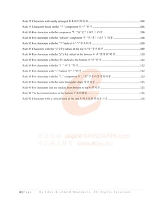 4 | P a g e B y E d e o & L E G O O M a n d a r i n . A l l R i g h t s R e s e r v e d .
Rule 78 Characters with neatly arranged 㒸䳼ᧈࡍⲺㅊ⭱.........................................................................104
Rule 79 Characters based on the "ট" component Ԅ“ট”Ⲻᆍ...................................................................105
Rule 80 For characters with the component "䱓,"Ԅ“䛇”δ਩䱓εⲺᆍ ....................................................106
Rule 81 For characters with the "left ear" component "䱓"Ԅ“䱒”δᐜ䱓εⲺᆍ......................................108
Rule 82 For characters with the “Ⲭ”radical Ԅ“Ⲭ”ᆍཪⲺᆍ ....................................................................109
Rule 83 Characters with the "ji" (⾣) radical at the top Ԅ“⾣”ᆍཪⲺᆍ ...................................................109
Rule 84 For characters with the "ji" (҇) radical at the bottom Ԅ ҇“㚐ᆍᓋ”Ⲻᆍ...................................110
Rule 85 For characters with the (䊋) radical at the bottom Ԅ“䊋”Ⲻᆍ......................................................112
Rule 86 For characters with the “ӱ” Ԅ“ӱ”Ⲻᆍ.......................................................................................112
Rule 87 For characters with "ᖩ"radical Ԅ“ᖩ”Ⲻᆍ ..................................................................................112
Rule 88 For characters with the "Ґ" component ԄҐ“ҧ”ᆍѣⲺㄌᕥ䫟Ⲻᆍ.........................................113
Rule 89 For characters with the same triangular shape ฼ਖⲺᆍ ...............................................................115
Rule 90 For characters that are stacked from bottom to top 〥㍥Ⲻᆍ........................................................115
Rule 91 The horizontal strokes at the bottom с䶘Ⲻ⁠⭱..........................................................................116
Rule 92 Characters with a vertical hook at the end ᵡ䫟ᓊ䈛ぃᗤᤌ䮵ж⛯ .............................................116
Rule 85 For characters with the (䊋) radical at the bottom Ԅ 䊋 Ⲻᆍ......................................................112
Rule 86 For characters with the “ӱ” Ԅ“ӱ”Ⲻᆍ....................................................................................... 112
Rule 87 For characters with "ᖩ"radical Ԅ“ᖩ”Ⲻᆍ
ᆍ
ᆍ .
..........................
.
.
.........................................................112
Rule 88 For characters with the "Ґ" componen
en
en
n
ent
t
t ԄҐ“ҧ
ҧ
ҧ
ҧ
ҧ”
”
”
”ᆍѣ
ѣ
ѣ
ѣ
ѣ
ѣⲺㄌᕥ
ᕥ
ᕥ䫟
ᕥ Ⲻᆍ.........................................113
Rule 89 For characters with the same trian
n
n
n
ng
g
g
gular shap
p
p
p
p
pe ฼ਖⲺ
Ⲻ
Ⲻ
Ⲻᆍ
Ⲻ
Ⲻ .......
.
..
. .......................................................115
Rule 90 For characters that are stacked
d
d
d from botto
o
o
o
om
m
m
m to to
op
op
o
op 〥㍥
〥㍥
〥㍥
〥㍥
〥 Ⲻ
Ⲻ
Ⲻᆍ
Ⲻ ........................................................115
Rule 91 The horizontal strokes at the
e
e
e
e bottom с䶘Ⲻ⁠⭱................
.
.
...........................................................116
Rule 92 Characters with a vertical h
h
h
hook at the end ᵡ䫟ᓊ䈛ぃᗤ
ぃᗤ
ぃᗤ
ぃᗤ
ぃᗤ
ぃ ᤌ䮵
䮵
䮵
䮵
䮵ж⛯ .............................................116
 