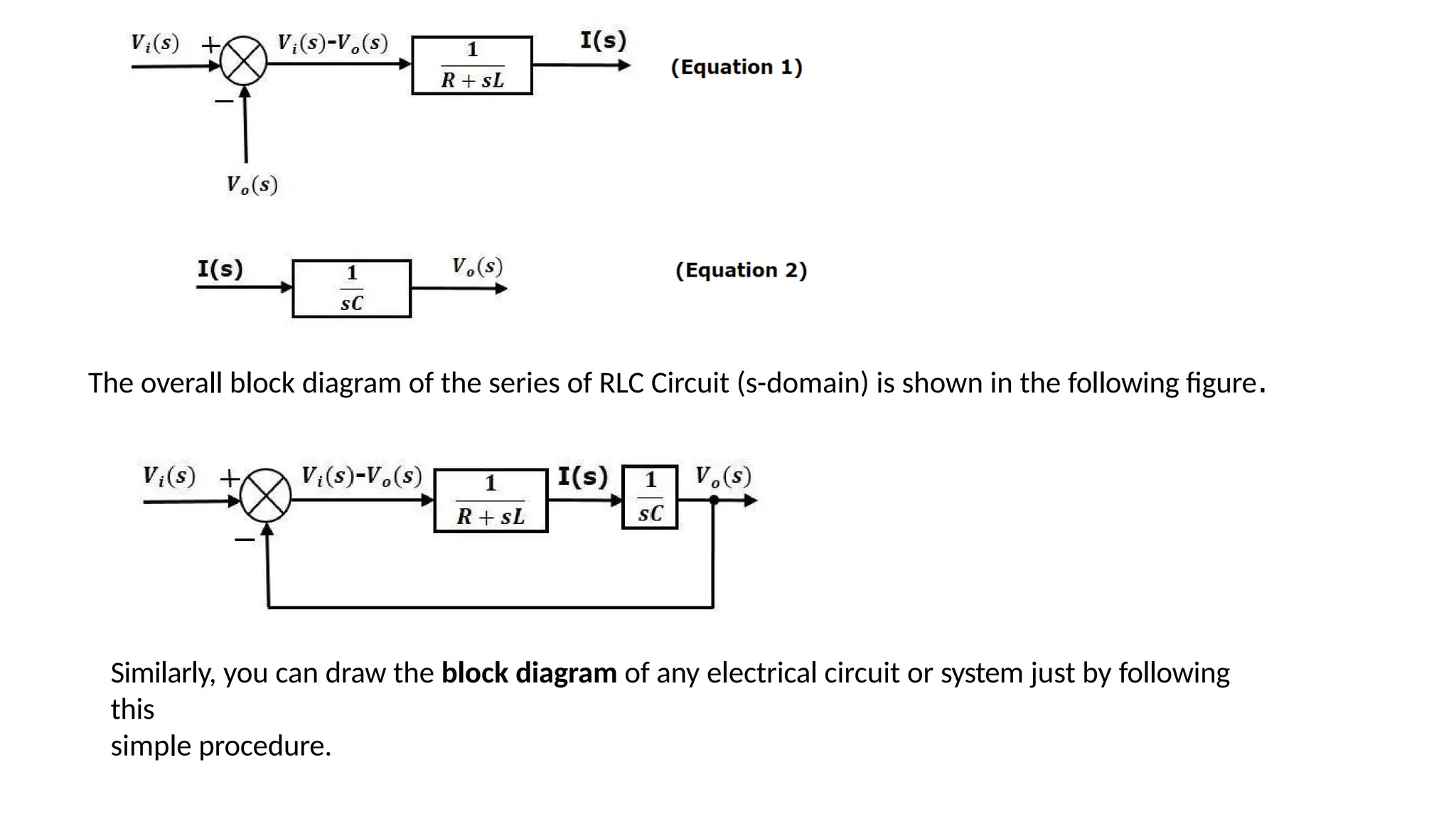 The overall block diagram of the series of RLC Circuit (s-domain) is shown in the following figure.
Similarly, you can draw the block diagram of any electrical circuit or system just by following
this
simple procedure.
 