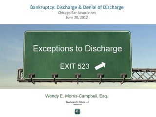 Bankruptcy: Discharge & Denial of Discharge
            Chicago Bar Association
                 June 20, 2012




      Wendy E. Morris-Campbell, Esq.
 