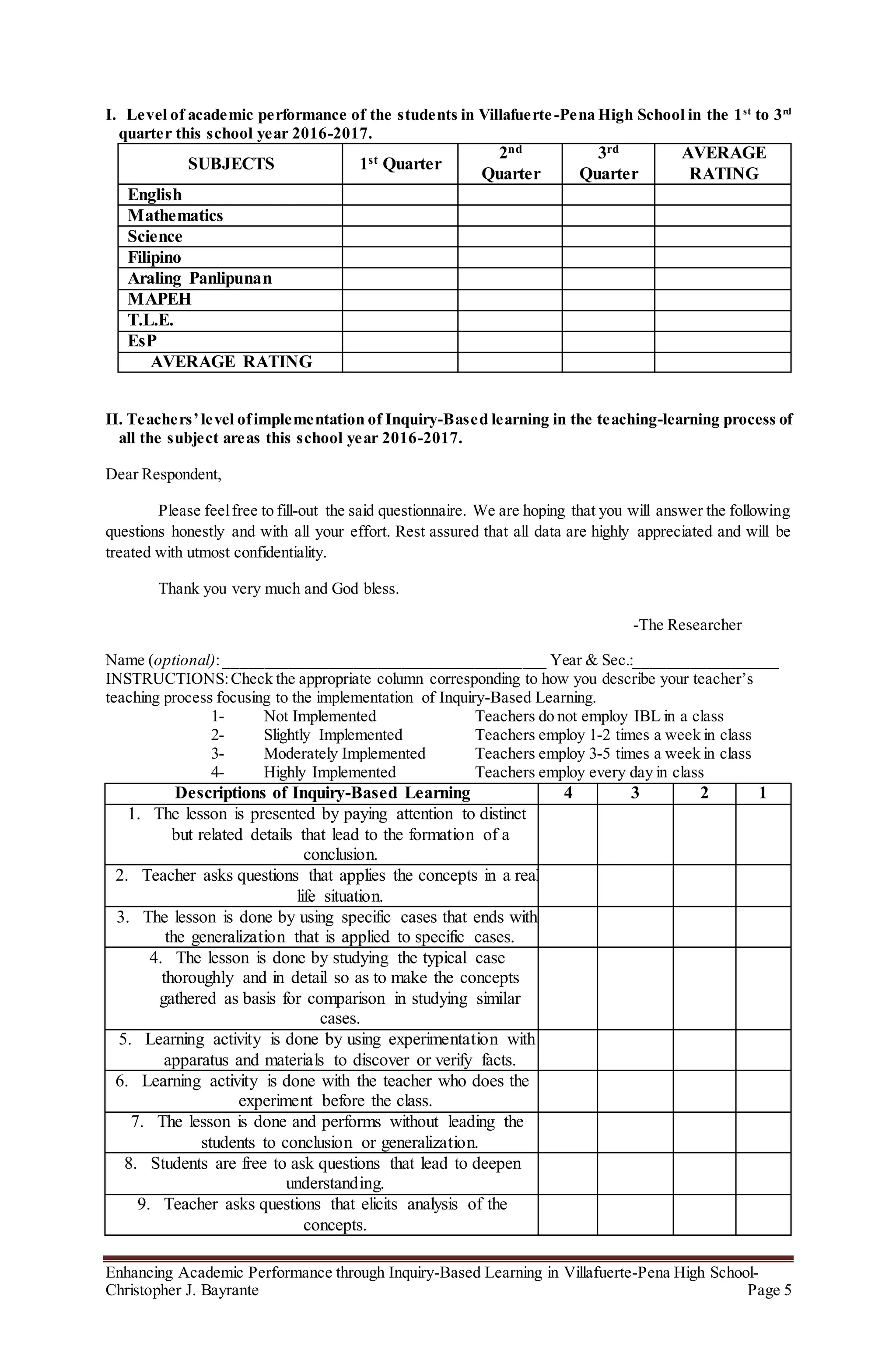 Enhancing Academic Performance through Inquiry-Based Learning in Villafuerte-Pena High School-
Christopher J. Bayrante Page 5
I. Level of academic performance of the students in Villafuerte-Pena High School in the 1st
to 3rd
quarter this school year 2016-2017.
SUBJECTS 1st Quarter
2nd
Quarter
3rd
Quarter
AVERAGE
RATING
English
Mathematics
Science
Filipino
Araling Panlipunan
MAPEH
T.L.E.
EsP
AVERAGE RATING
II. Teachers’level ofimplementation of Inquiry-Based learning in the teaching-learning process of
all the subject areas this school year 2016-2017.
Dear Respondent,
Please feelfree to fill-out the said questionnaire. We are hoping that you will answer the following
questions honestly and with all your effort. Rest assured that all data are highly appreciated and will be
treated with utmost confidentiality.
Thank you very much and God bless.
-The Researcher
Name (optional):________________________________________ Year & Sec.:__________________
INSTRUCTIONS:Check the appropriate column corresponding to how you describe your teacher’s
teaching process focusing to the implementation of Inquiry-Based Learning.
1- Not Implemented Teachers do not employ IBL in a class
2- Slightly Implemented Teachers employ 1-2 times a week in class
3- Moderately Implemented Teachers employ 3-5 times a week in class
4- Highly Implemented Teachers employ every day in class
Descriptions of Inquiry-Based Learning 4 3 2 1
1. The lesson is presented by paying attention to distinct
but related details that lead to the formation of a
conclusion.
2. Teacher asks questions that applies the concepts in a real
life situation.
3. The lesson is done by using specific cases that ends with
the generalization that is applied to specific cases.
4. The lesson is done by studying the typical case
thoroughly and in detail so as to make the concepts
gathered as basis for comparison in studying similar
cases.
5. Learning activity is done by using experimentation with
apparatus and materials to discover or verify facts.
6. Learning activity is done with the teacher who does the
experiment before the class.
7. The lesson is done and performs without leading the
students to conclusion or generalization.
8. Students are free to ask questions that lead to deepen
understanding.
9. Teacher asks questions that elicits analysis of the
concepts.
 