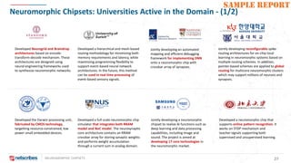 NEUROMORPHIC CHIPSETS 27
SAMPLE REPORT
Neuromorphic Chipsets: Universities Active in the Domain - (1/2)
Developed Neurogrid and Braindrop
architectures based on encode-
transform-decode mechanism. These
architectures are designed using
neural engineering frameworks used
to synthesize neuromorphic networks.
Jointly developing a neuromorphic
chipset to realize AI functions such as
deep learning and data processing
capabilities, including image and
sound. The project is aimed at
developing 17 core technologies in
the neuromorphic market.
Jointly developing reconfigurable spike-
routing architectures for on-chip local
learning in neuromorphic systems based on
multiple routing schemes. In addition,
pointer-based schemes are applied to global
routing for multicore neuromorphic clusters
which may support millions of neurons and
synapses.
Developed a hierarchical and mesh-based
routing methodology for minimizing both
memory requirements and latency, while
maximizing programming flexibility to
support event-based neural network
architectures. In the future, this method
can be used in real time processing of
event-based sensory signals.
Developed the Darwin processing unit,
fabricated by CMOS technology,
targetting resource-constrained, low
power small embedded devices.
Jointly developing an automated
mapping and efficient debugging
framework for implementing DNN
onto a neuromorphic chip with
crossbar array of synapses.
Developed a neuromorphic chip that
supports online pattern recognition. It
works on STDP mechanism and
teacher signals supporting both
supervised and unsupervised learning.
Developed a full-scale neuromorphic chip
simulator that integrates both RRAM
model and NoC model. The neurosynaptic
core architecture contains an RRAM
crossbar array for storing synaptic weights
and performs weight accumulation
through a current sum in analog domain.
 