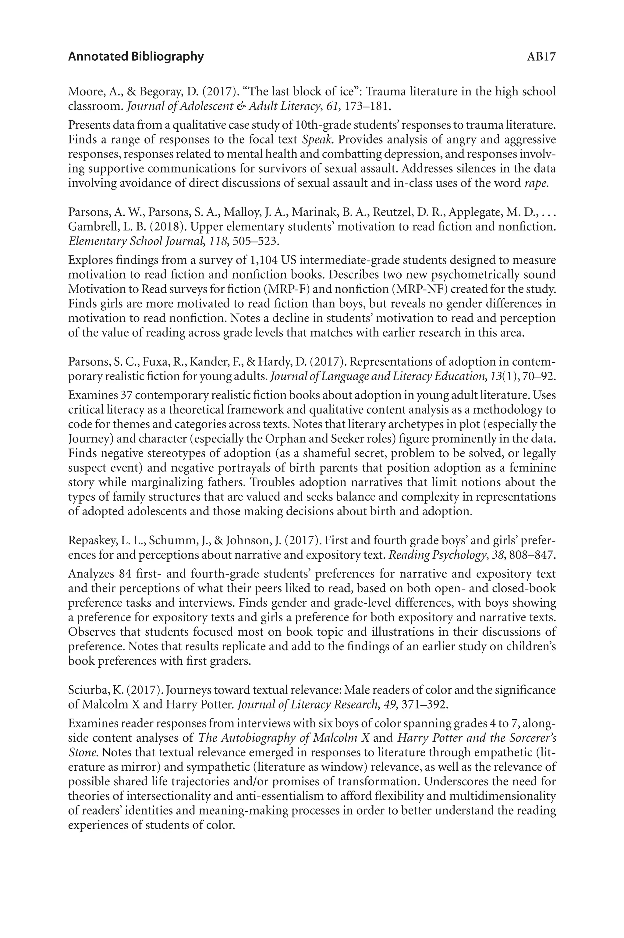 Annotated Bibliography	 AB17
Moore, A., & Begoray, D. (2017). “The last block of ice”: Trauma literature in the high school
classroom. Journal of Adolescent & Adult Literacy, 61, 173–181.
Presents data from a qualitative case study of 10th-grade students’responses to trauma literature.
Finds a range of responses to the focal text Speak. Provides analysis of angry and aggressive
responses,responses related to mental health and combatting depression,and responses involv-
ing supportive communications for survivors of sexual assault. Addresses silences in the data
involving avoidance of direct discussions of sexual assault and in-class uses of the word rape.
Parsons, A. W., Parsons, S. A., Malloy, J. A., Marinak, B. A., Reutzel, D. R., Applegate, M. D., . . .
Gambrell, L. B. (2018). Upper elementary students’ motivation to read fiction and nonfiction.
Elementary School Journal, 118, 505–523.
Explores findings from a survey of 1,104 US intermediate-grade students designed to measure
motivation to read fiction and nonfiction books. Describes two new psychometrically sound
Motivation to Read surveys for fiction (MRP-F) and nonfiction (MRP-NF) created for the study.
Finds girls are more motivated to read fiction than boys, but reveals no gender differences in
motivation to read nonfiction. Notes a decline in students’ motivation to read and perception
of the value of reading across grade levels that matches with earlier research in this area.
Parsons, S. C., Fuxa, R., Kander, F., & Hardy, D. (2017). Representations of adoption in contem-
porary realistic fiction for young adults.Journal of Language and Literacy Education,13(1),70–92.
Examines 37 contemporary realistic fiction books about adoption in young adult literature.Uses
critical literacy as a theoretical framework and qualitative content analysis as a methodology to
code for themes and categories across texts. Notes that literary archetypes in plot (especially the
Journey) and character (especially the Orphan and Seeker roles) figure prominently in the data.
Finds negative stereotypes of adoption (as a shameful secret, problem to be solved, or legally
suspect event) and negative portrayals of birth parents that position adoption as a feminine
story while marginalizing fathers. Troubles adoption narratives that limit notions about the
types of family structures that are valued and seeks balance and complexity in representations
of adopted adolescents and those making decisions about birth and adoption.
Repaskey, L. L., Schumm, J., & Johnson, J. (2017). First and fourth grade boys’ and girls’ prefer-
ences for and perceptions about narrative and expository text. Reading Psychology, 38, 808–847.
Analyzes 84 first- and fourth-grade students’ preferences for narrative and expository text
and their perceptions of what their peers liked to read, based on both open- and closed-book
preference tasks and interviews. Finds gender and grade-level differences, with boys showing
a preference for expository texts and girls a preference for both expository and narrative texts.
Observes that students focused most on book topic and illustrations in their discussions of
preference. Notes that results replicate and add to the findings of an earlier study on children’s
book preferences with first graders.
Sciurba,K.(2017).Journeys toward textual relevance: Male readers of color and the significance
of Malcolm X and Harry Potter. Journal of Literacy Research, 49, 371–392.
Examines reader responses from interviews with six boys of color spanning grades 4 to 7,along-
side content analyses of The Autobiography of Malcolm X and Harry Potter and the Sorcerer’s
Stone. Notes that textual relevance emerged in responses to literature through empathetic (lit-
erature as mirror) and sympathetic (literature as window) relevance, as well as the relevance of
possible shared life trajectories and/or promises of transformation. Underscores the need for
theories of intersectionality and anti-essentialism to afford flexibility and multidimensionality
of readers’ identities and meaning-making processes in order to better understand the reading
experiences of students of color.
L-AB1-AB43-Feb19-RTE.indd 17 3/1/19 9:49 AM
 