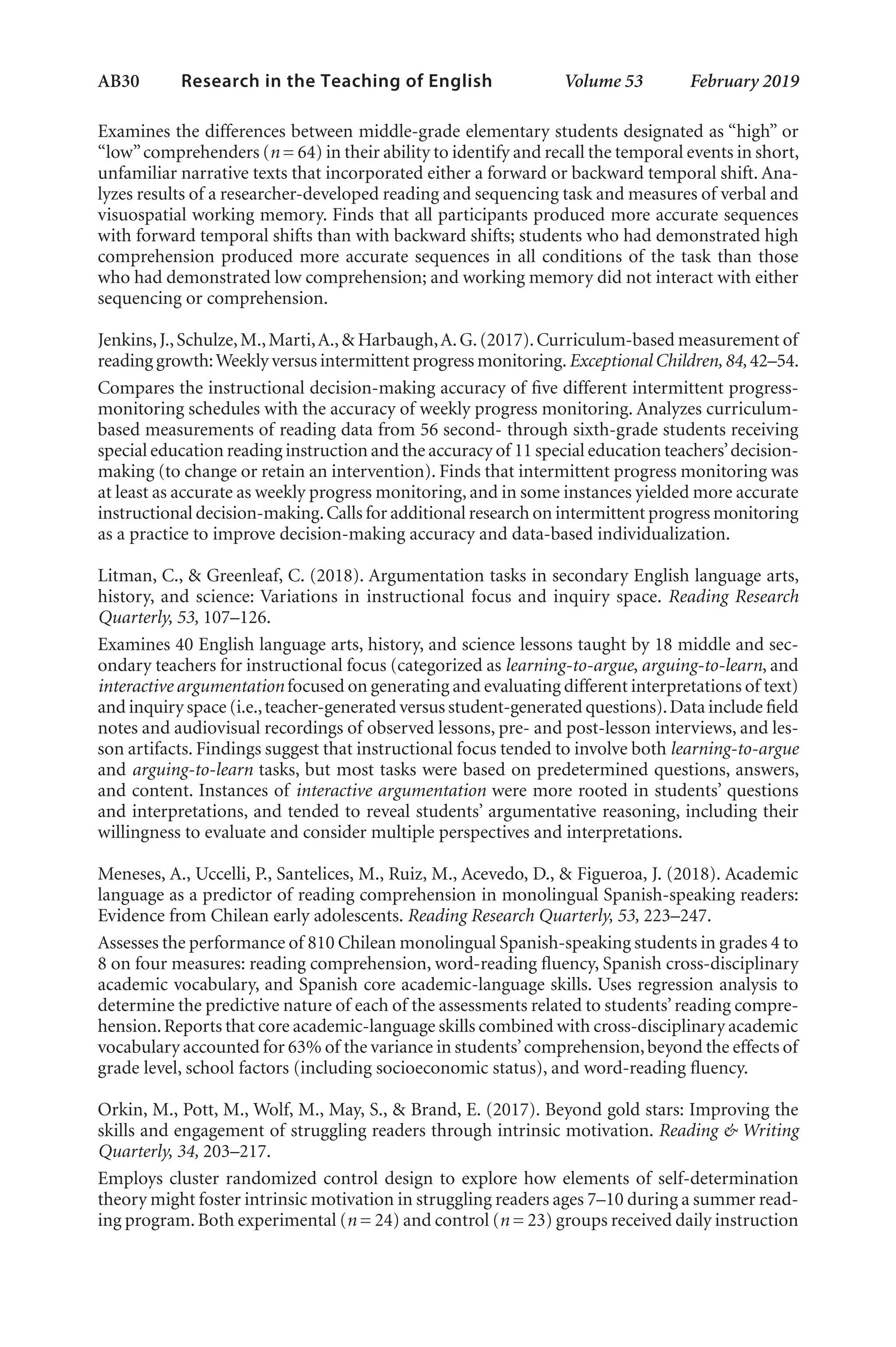 AB30   
Research in the Teaching of English  	 Volume 53    February 2019
Examines the differences between middle-grade elementary students designated as “high” or
“low”comprehenders (n = 64) in their ability to identify and recall the temporal events in short,
unfamiliar narrative texts that incorporated either a forward or backward temporal shift. Ana-
lyzes results of a researcher-developed reading and sequencing task and measures of verbal and
visuospatial working memory. Finds that all participants produced more accurate sequences
with forward temporal shifts than with backward shifts; students who had demonstrated high
comprehension produced more accurate sequences in all conditions of the task than those
who had demonstrated low comprehension; and working memory did not interact with either
sequencing or comprehension.
Jenkins,J.,Schulze,M.,Marti,A.,& Harbaugh,A.G.(2017).Curriculum-based measurement of
reading growth:Weekly versus intermittent progress monitoring.Exceptional Children,84, 42–54.
Compares the instructional decision-making accuracy of five different intermittent progress-
monitoring schedules with the accuracy of weekly progress monitoring. Analyzes curriculum-
based measurements of reading data from 56 second- through sixth-grade students receiving
special education reading instruction and the accuracy of 11 special education teachers’decision-
making (to change or retain an intervention). Finds that intermittent progress monitoring was
at least as accurate as weekly progress monitoring, and in some instances yielded more accurate
instructional decision-making.Calls for additional research on intermittent progress monitoring
as a practice to improve decision-making accuracy and data-based individualization.
Litman, C., & Greenleaf, C. (2018). Argumentation tasks in secondary English language arts,
history, and science: Variations in instructional focus and inquiry space. Reading Research
Quarterly, 53, 107–126.
Examines 40 English language arts, history, and science lessons taught by 18 middle and sec-
ondary teachers for instructional focus (categorized as learning-to-argue, arguing-to-learn, and
interactive argumentation focused on generating and evaluating different interpretations of text)
and inquiry space (i.e.,teacher-generated versus student-generated questions).Data include field
notes and audiovisual recordings of observed lessons, pre- and post-lesson interviews, and les-
son artifacts. Findings suggest that instructional focus tended to involve both learning-to-argue
and arguing-to-learn tasks, but most tasks were based on predetermined questions, answers,
and content. Instances of interactive argumentation were more rooted in students’ questions
and interpretations, and tended to reveal students’ argumentative reasoning, including their
willingness to evaluate and consider multiple perspectives and interpretations.
Meneses, A., Uccelli, P., Santelices, M., Ruiz, M., Acevedo, D., & Figueroa, J. (2018). Academic
language as a predictor of reading comprehension in monolingual Spanish-speaking readers:
Evidence from Chilean early adolescents. Reading Research Quarterly, 53, 223–247.
Assesses the performance of 810 Chilean monolingual Spanish-speaking students in grades 4 to
8 on four measures: reading comprehension, word-reading fluency, Spanish cross-disciplinary
academic vocabulary, and Spanish core academic-language skills. Uses regression analysis to
determine the predictive nature of each of the assessments related to students’reading compre-
hension.Reports that core academic-language skills combined with cross-disciplinary academic
vocabulary accounted for 63% of the variance in students’comprehension,beyond the effects of
grade level, school factors (including socioeconomic status), and word-reading fluency.
Orkin, M., Pott, M., Wolf, M., May, S., & Brand, E. (2017). Beyond gold stars: Improving the
skills and engagement of struggling readers through intrinsic motivation. Reading & Writing
Quarterly, 34, 203–217.
Employs cluster randomized control design to explore how elements of self-determination
theory might foster intrinsic motivation in struggling readers ages 7–10 during a summer read-
ing program.Both experimental (n = 24) and control (n = 23) groups received daily instruction
L-AB1-AB43-Feb19-RTE.indd 30 3/1/19 9:49 AM
 