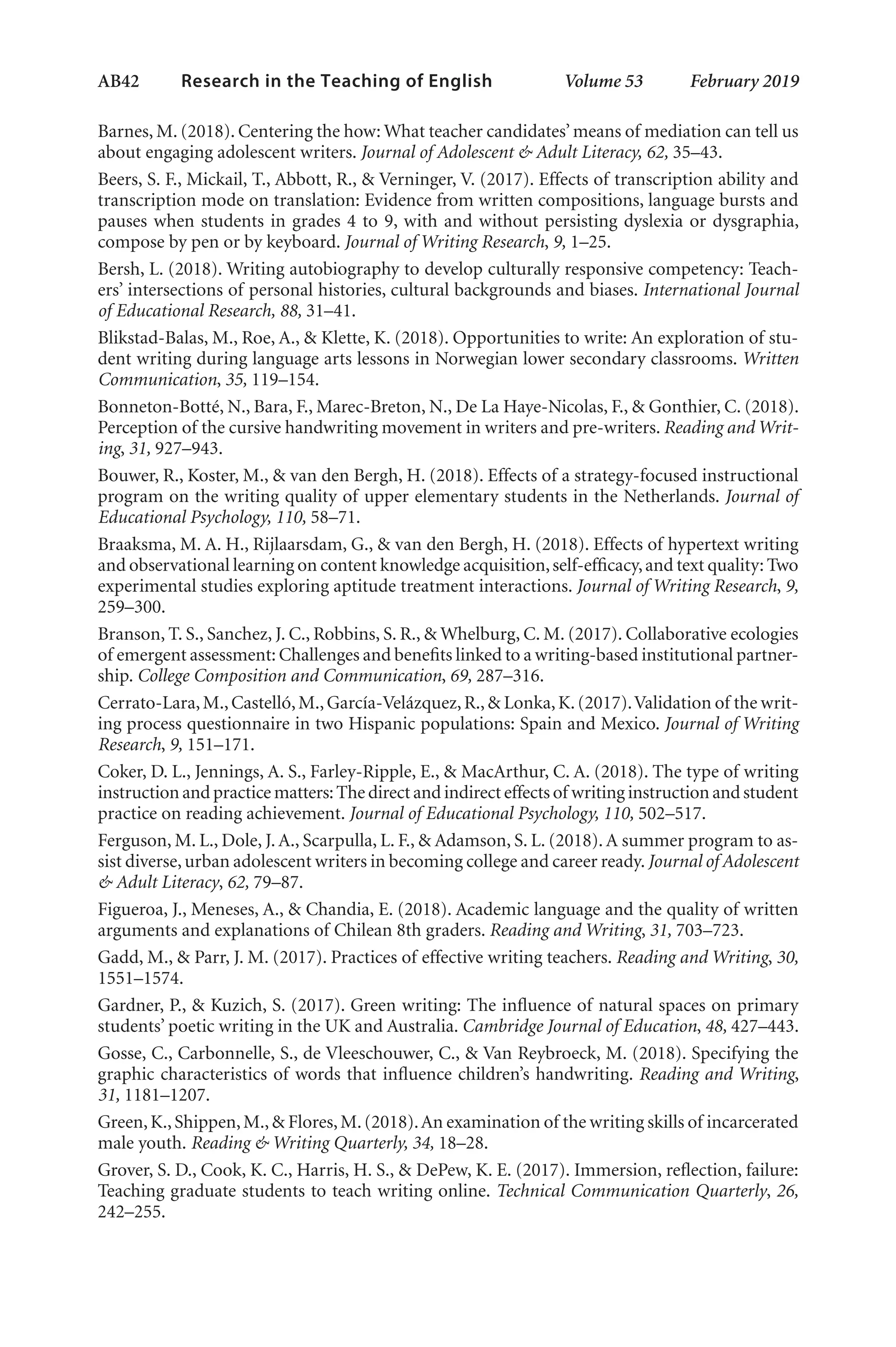 AB42   
Research in the Teaching of English  	 Volume 53    February 2019
Barnes, M. (2018). Centering the how: What teacher candidates’means of mediation can tell us
about engaging adolescent writers. Journal of Adolescent & Adult Literacy, 62, 35–43.
Beers, S. F., Mickail, T., Abbott, R., & Verninger, V. (2017). Effects of transcription ability and
transcription mode on translation: Evidence from written compositions, language bursts and
pauses when students in grades 4 to 9, with and without persisting dyslexia or dysgraphia,
compose by pen or by keyboard. Journal of Writing Research, 9, 1–25.
Bersh, L. (2018). Writing autobiography to develop culturally responsive competency: Teach-
ers’ intersections of personal histories, cultural backgrounds and biases. International Journal
of Educational Research, 88, 31–41.
Blikstad-Balas, M., Roe, A., & Klette, K. (2018). Opportunities to write: An exploration of stu-
dent writing during language arts lessons in Norwegian lower secondary classrooms. Written
Communication, 35, 119–154.
Bonneton-Botté, N., Bara, F., Marec-Breton, N., De La Haye-Nicolas, F., & Gonthier, C. (2018).
Perception of the cursive handwriting movement in writers and pre-writers. Reading and Writ-
ing, 31, 927–943.
Bouwer, R., Koster, M., & van den Bergh, H. (2018). Effects of a strategy-focused instructional
program on the writing quality of upper elementary students in the Netherlands. Journal of
Educational Psychology, 110, 58–71.
Braaksma, M. A. H., Rijlaarsdam, G., & van den Bergh, H. (2018). Effects of hypertext writing
and observational learning on content knowledge acquisition,self-efficacy,and text quality: Two
experimental studies exploring aptitude treatment interactions. Journal of Writing Research, 9,
259–300.
Branson, T. S., Sanchez, J. C., Robbins, S. R., & Whelburg, C. M. (2017). Collaborative ecologies
of emergent assessment: Challenges and benefits linked to a writing-based institutional partner-
ship. College Composition and Communication, 69, 287–316.
Cerrato-Lara,M.,Castelló,M.,García-Velázquez,R.,& Lonka,K.(2017).Validation of the writ-
ing process questionnaire in two Hispanic populations: Spain and Mexico. Journal of Writing
Research, 9, 151–171.
Coker, D. L., Jennings, A. S., Farley-Ripple, E., & MacArthur, C. A. (2018). The type of writing
instruction and practice matters:The direct and indirect effects of writing instruction and student
practice on reading achievement. Journal of Educational Psychology, 110, 502–517.
Ferguson, M. L., Dole, J. A., Scarpulla, L. F., & Adamson, S. L. (2018). A summer program to as-
sist diverse,urban adolescent writers in becoming college and career ready.Journal of Adolescent
& Adult Literacy, 62, 79–87.
Figueroa, J., Meneses, A., & Chandia, E. (2018). Academic language and the quality of written
arguments and explanations of Chilean 8th graders. Reading and Writing, 31, 703–723.
Gadd, M., & Parr, J. M. (2017). Practices of effective writing teachers. Reading and Writing, 30,
1551–1574.
Gardner, P., & Kuzich, S. (2017). Green writing: The influence of natural spaces on primary
students’ poetic writing in the UK and Australia. Cambridge Journal of Education, 48, 427–443.
Gosse, C., Carbonnelle, S., de Vleeschouwer, C., & Van Reybroeck, M. (2018). Specifying the
graphic characteristics of words that influence children’s handwriting. Reading and Writing,
31, 1181–1207.
Green,K.,Shippen,M.,& Flores,M.(2018).An examination of the writing skills of incarcerated
male youth. Reading & Writing Quarterly, 34, 18–28.
Grover, S. D., Cook, K. C., Harris, H. S., & DePew, K. E. (2017). Immersion, reflection, failure:
Teaching graduate students to teach writing online. Technical Communication Quarterly, 26,
242–255.
L-AB1-AB43-Feb19-RTE.indd 42 3/1/19 9:49 AM
 